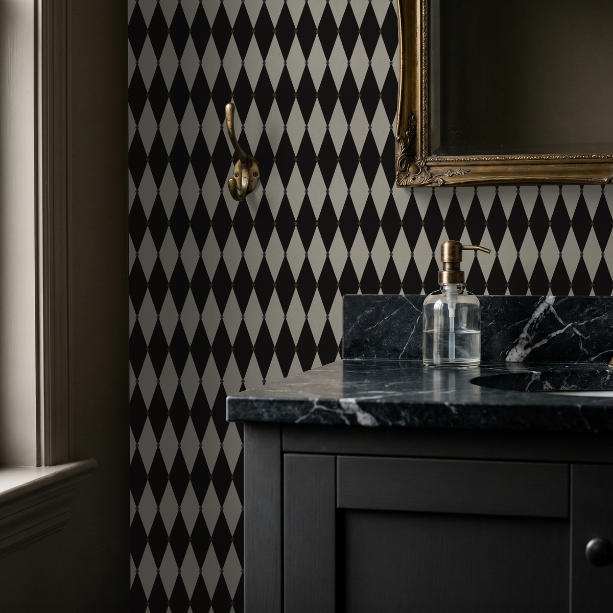 Black and white harlequin diamond wallpaper in elegant bathroom setting.