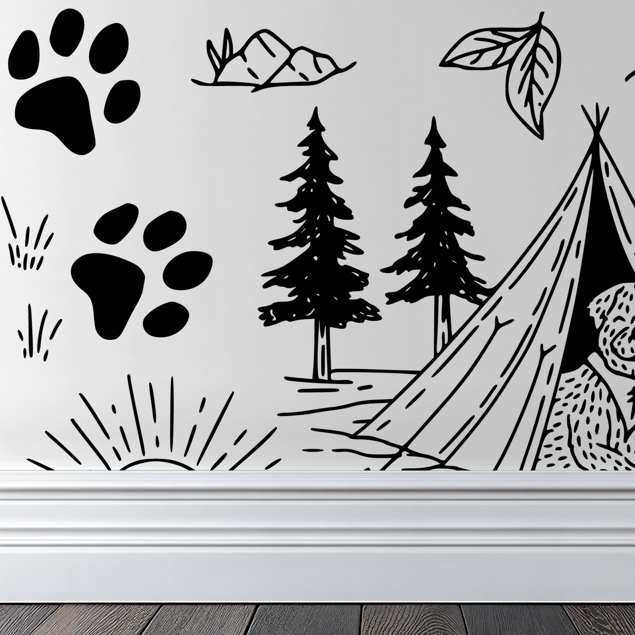 Black and white whimsical dog and nature wallpaper with tents and trees.