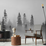 Black Pine Wallpaper by Wall Blush SG02 in stylish modern living room, accentuating calm forest ambiance.
