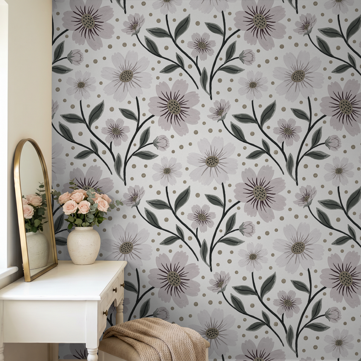 Bloom Valley grey floral wallpaper in elegant room with vanity and roses.