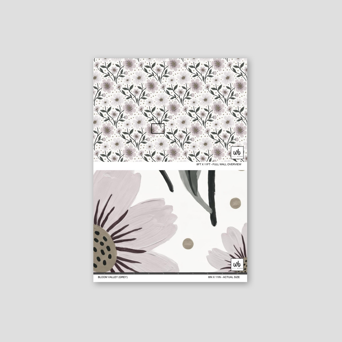 Bloom Valley grey floral wallpaper sample with blush flowers and sage leaves