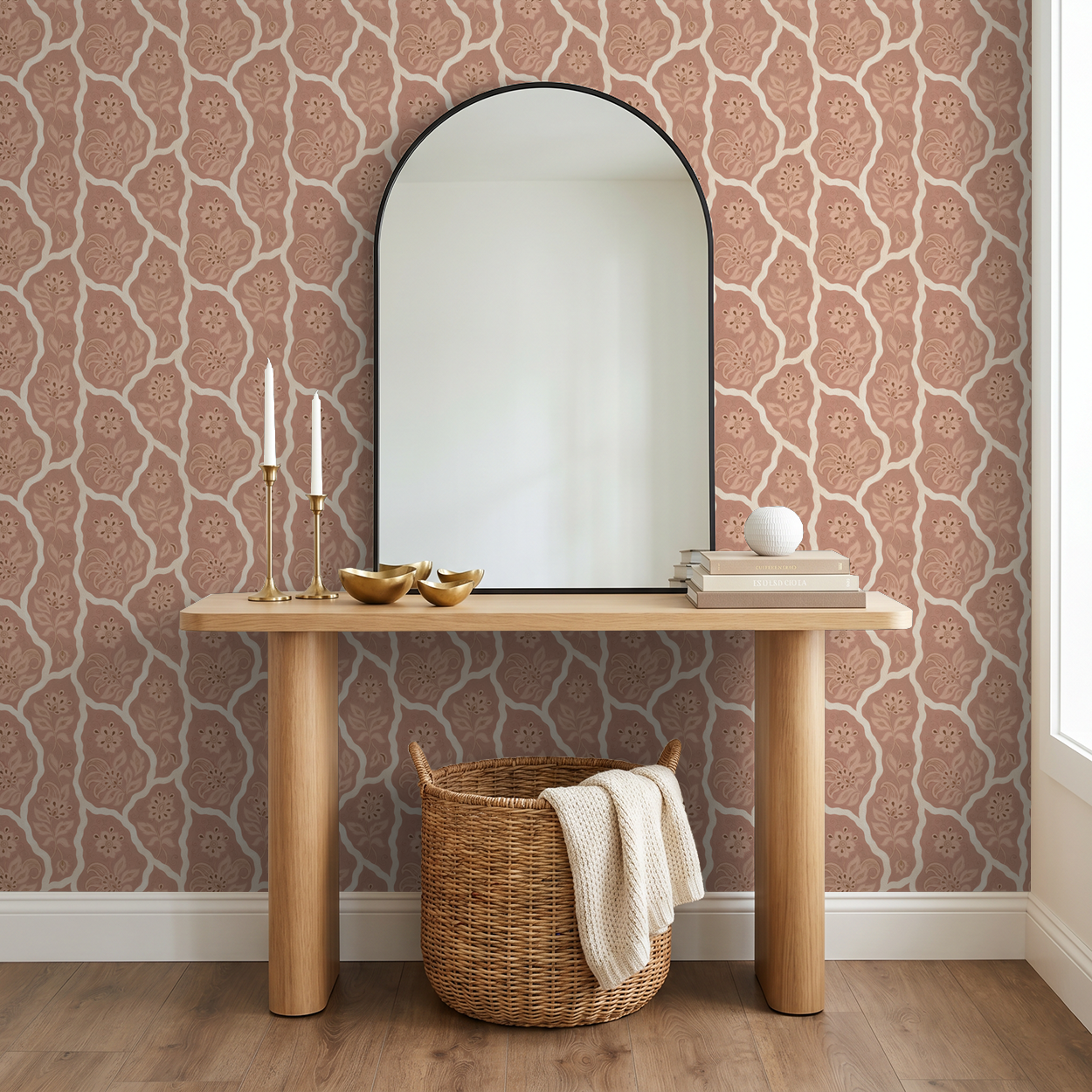 Bloomington floral wallpaper in blush tones with mirror and console table