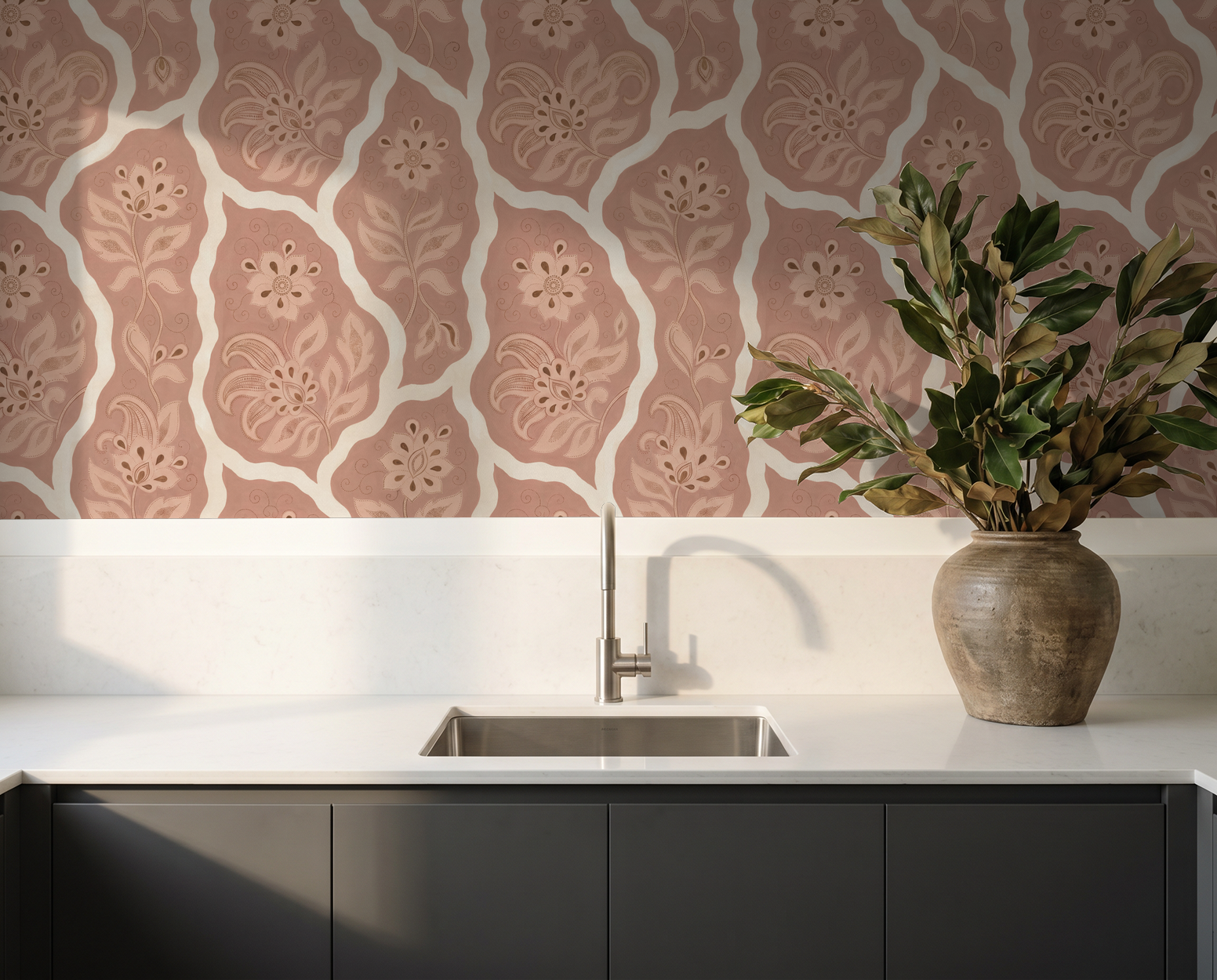 Bloomington floral wallpaper in blush tones with cream accents in a modern kitchen setting.