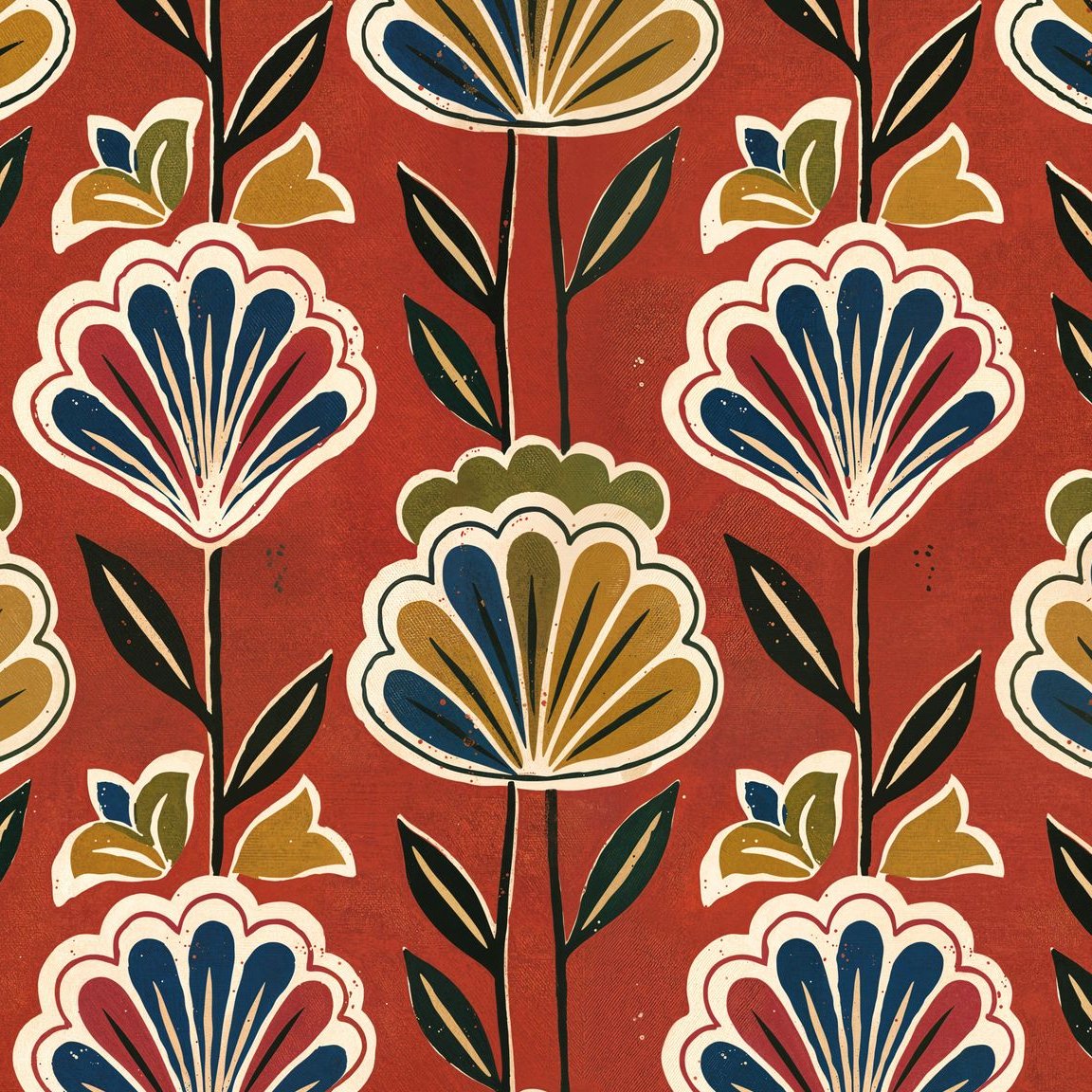 Bloomington floral wallpaper with terracotta background and vibrant blooms.