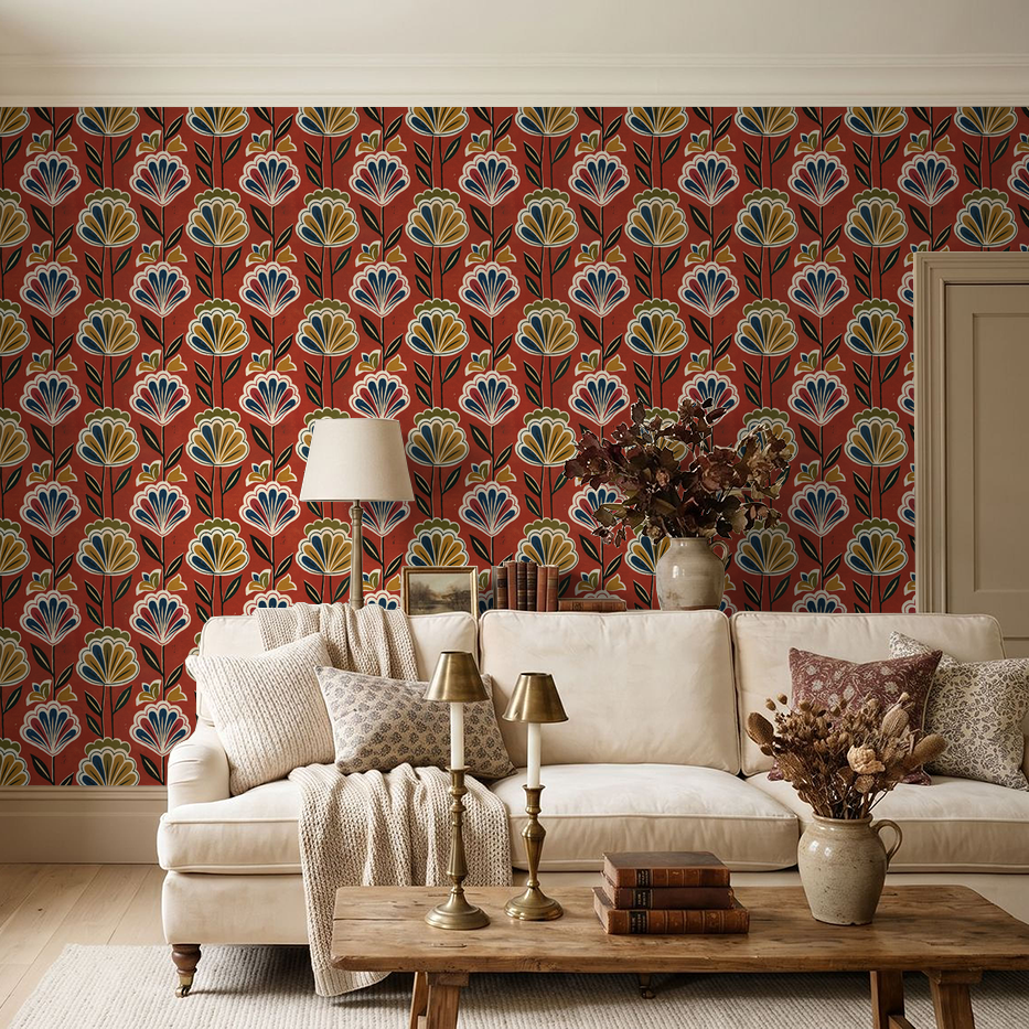 Bloomington floral wallpaper with terracotta background in cozy living room.