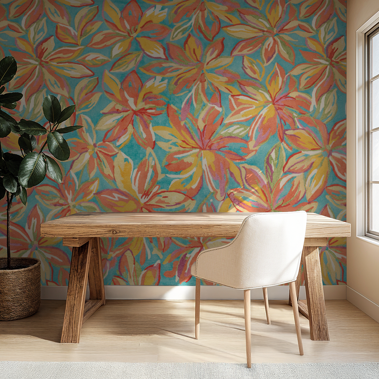 Vibrant floral wallpaper with coral and yellow motifs on aqua in a bright study room.