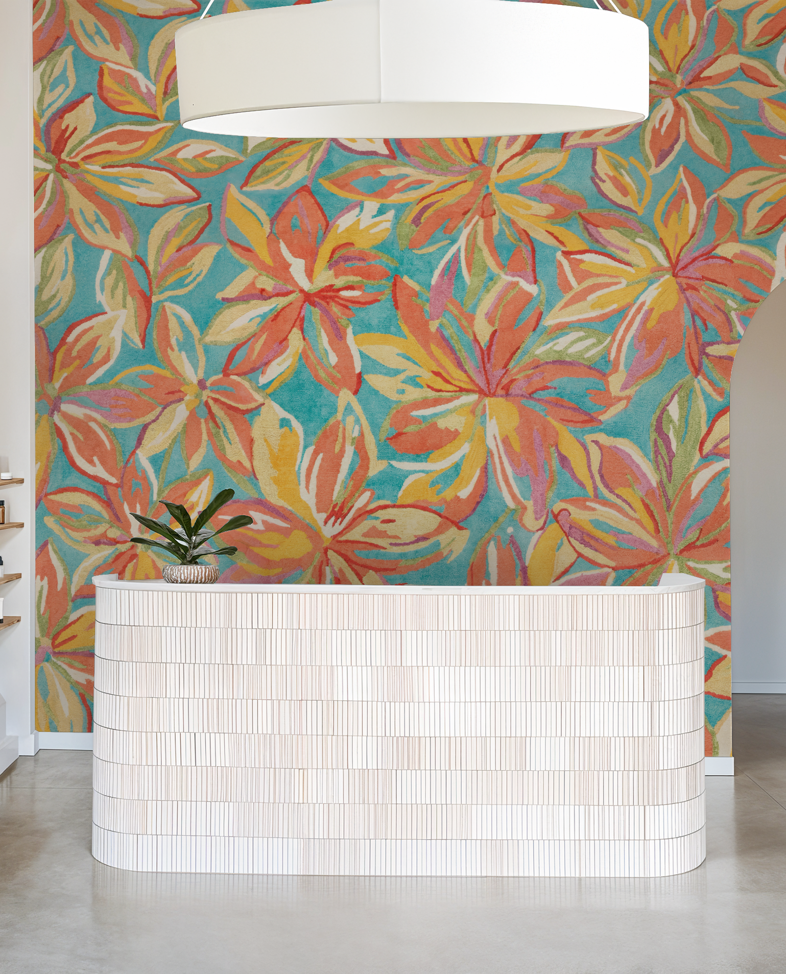 Vibrant floral wallpaper with coral and peach motifs on aqua backdrop in modern room.