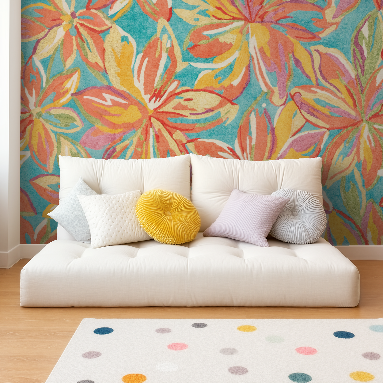 Vibrant floral wallpaper with aqua background and colorful sofa in modern living room.