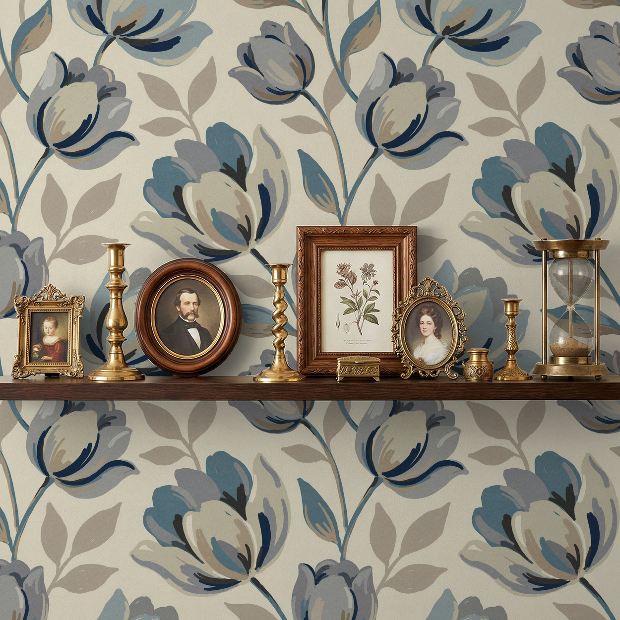 Floral wallpaper with blue and gray tulips behind vintage shelf decor.