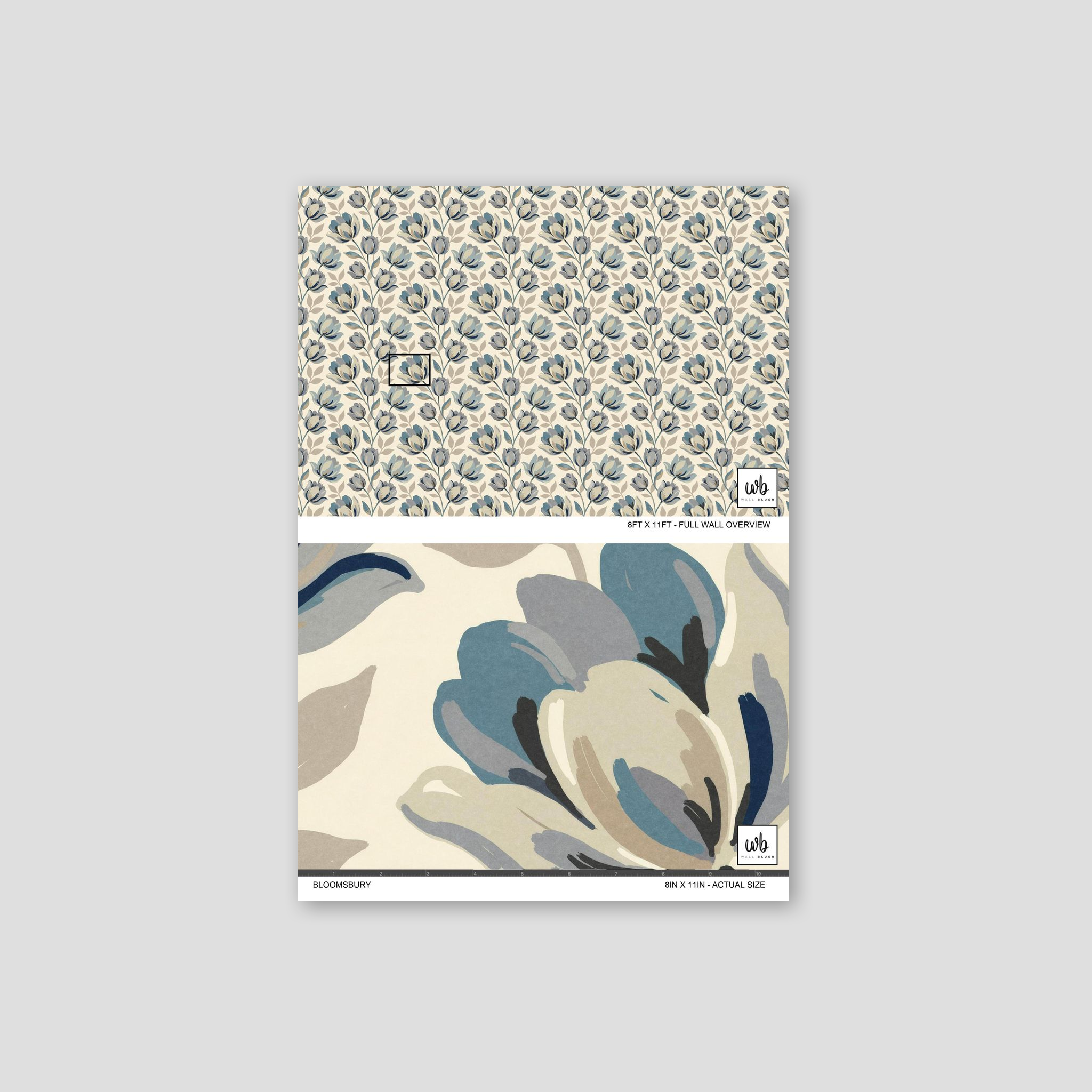 Bloomsbury wallpaper with muted blue and gray floral pattern on cream backdrop.
