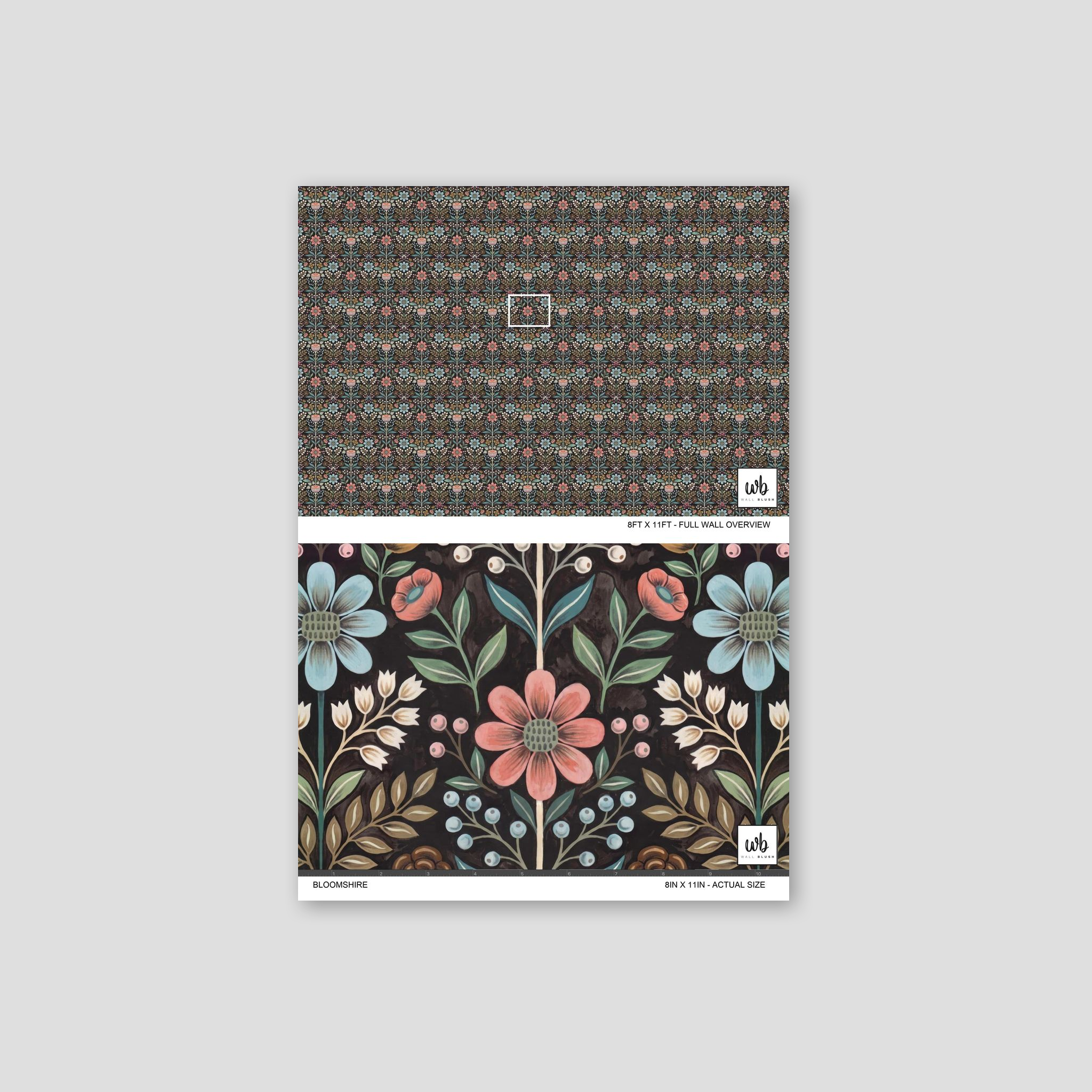 Bloomshire floral wallpaper with vibrant pink, blue, and green flowers on a black background.