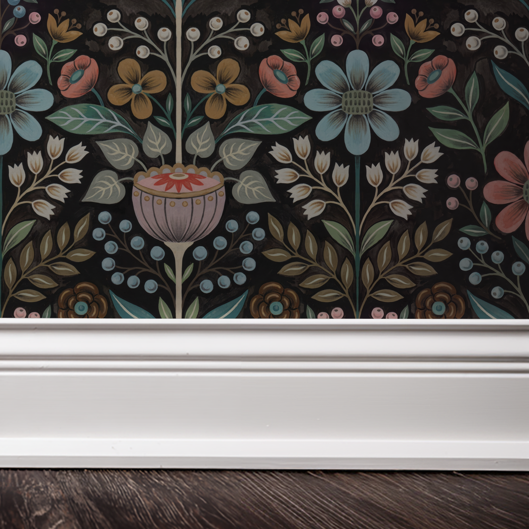 Bloomshire floral wallpaper with colorful flowers on black background