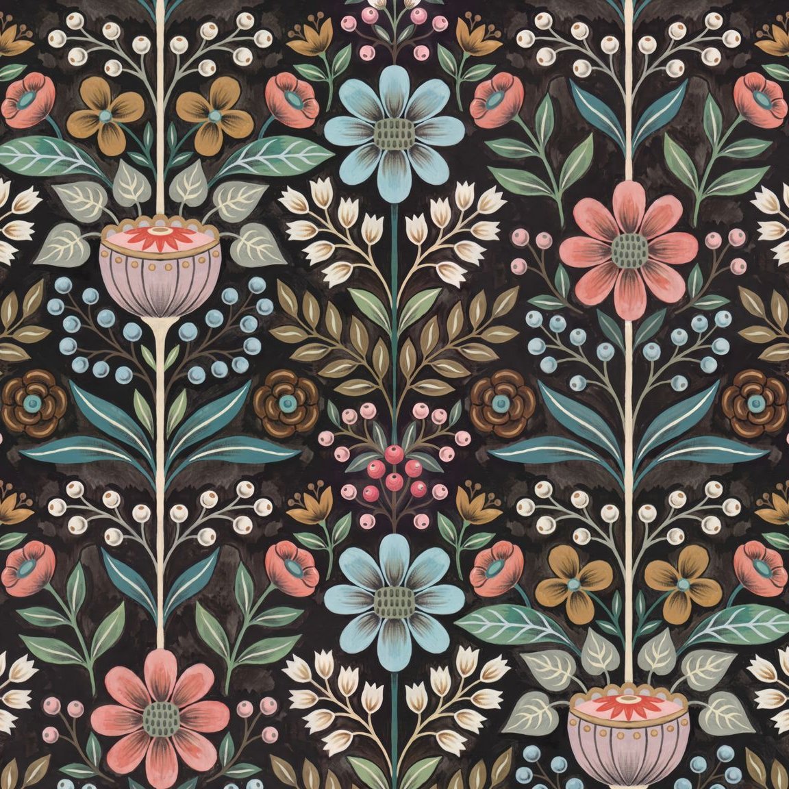 Vibrant floral wallpaper with pink, blue, and green motifs on a black background.
