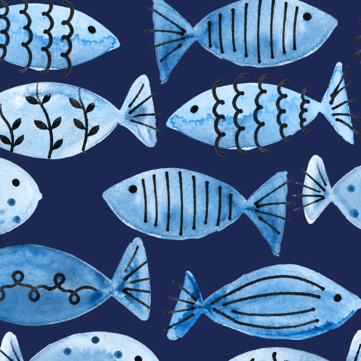 Blue fish pattern wallpaper with whimsical motifs on navy background