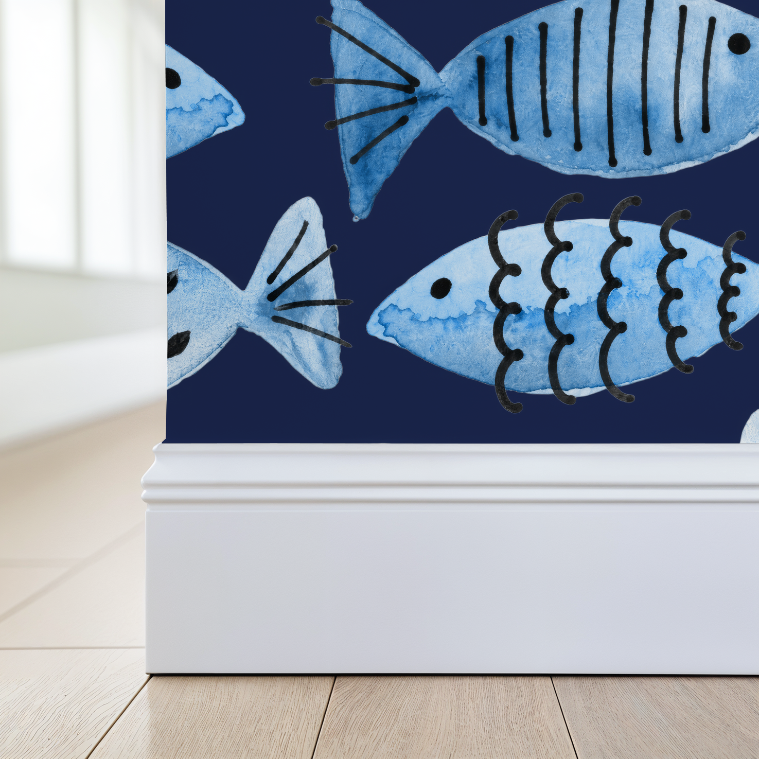 Blue fish pattern wallpaper on navy background with whimsical motifs in a room setting.