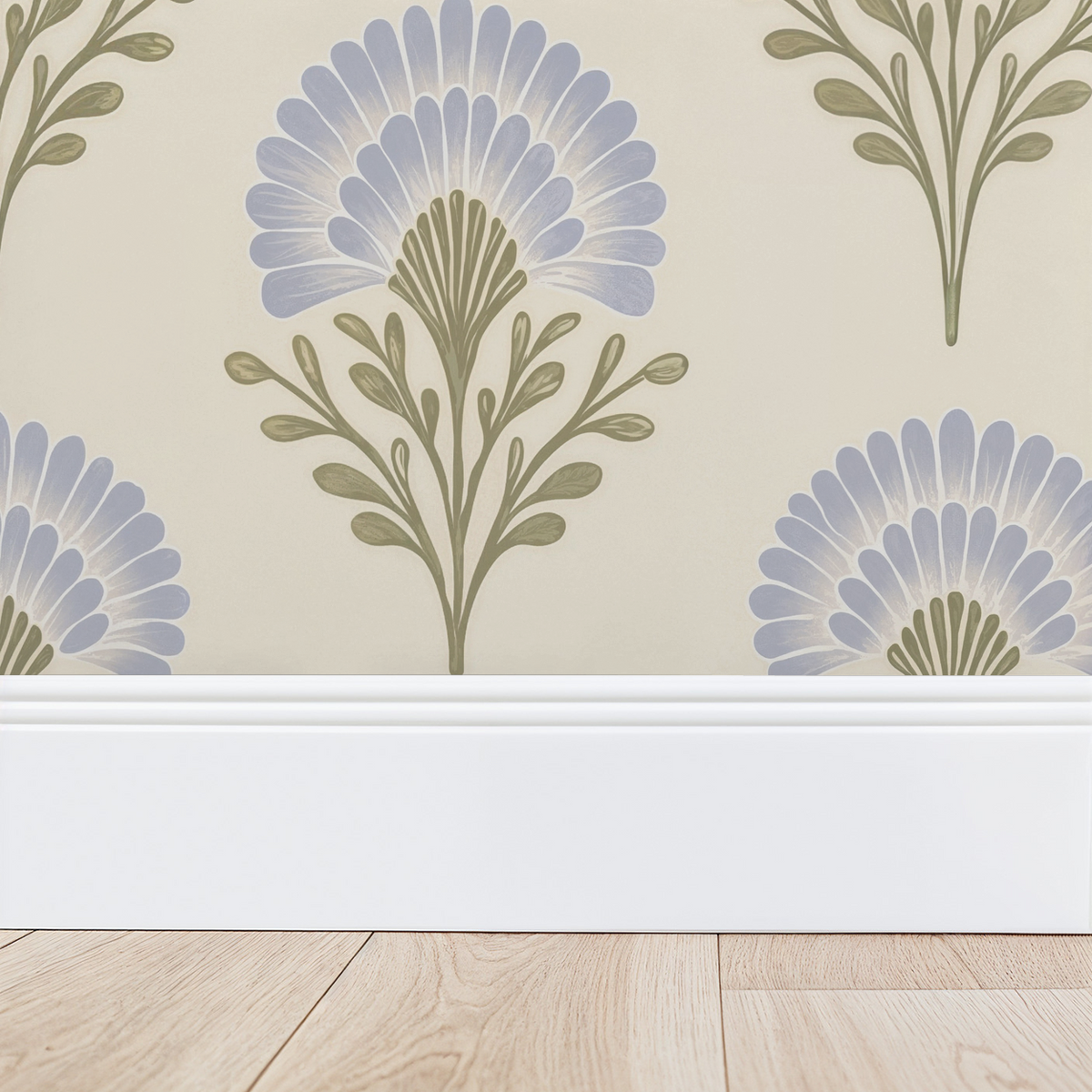 Blue floral botanical wallpaper with cream background and green leaves.
