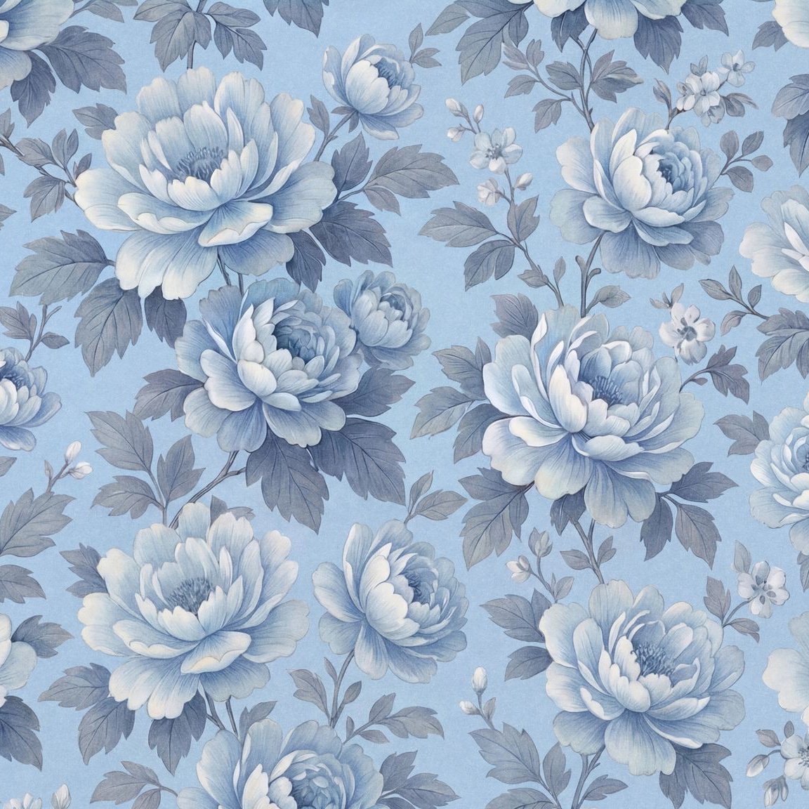 Elegant blue floral wallpaper with peonies and leaves on a light blue background.
