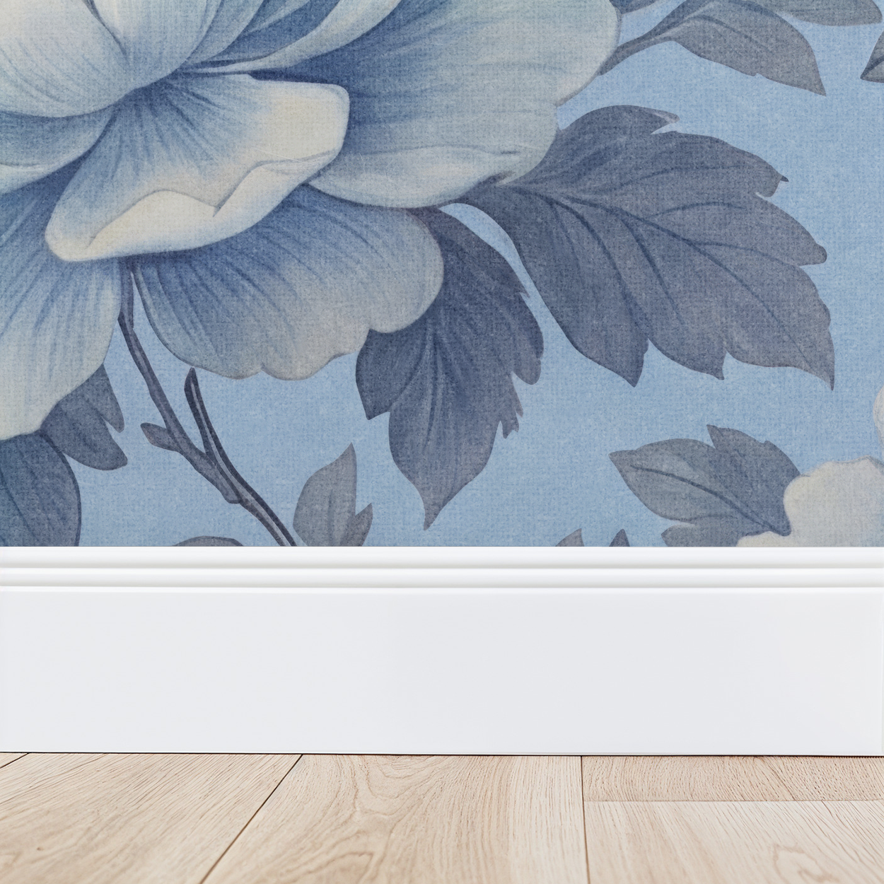 Blue floral wallpaper with peony design and white baseboard in room setting.