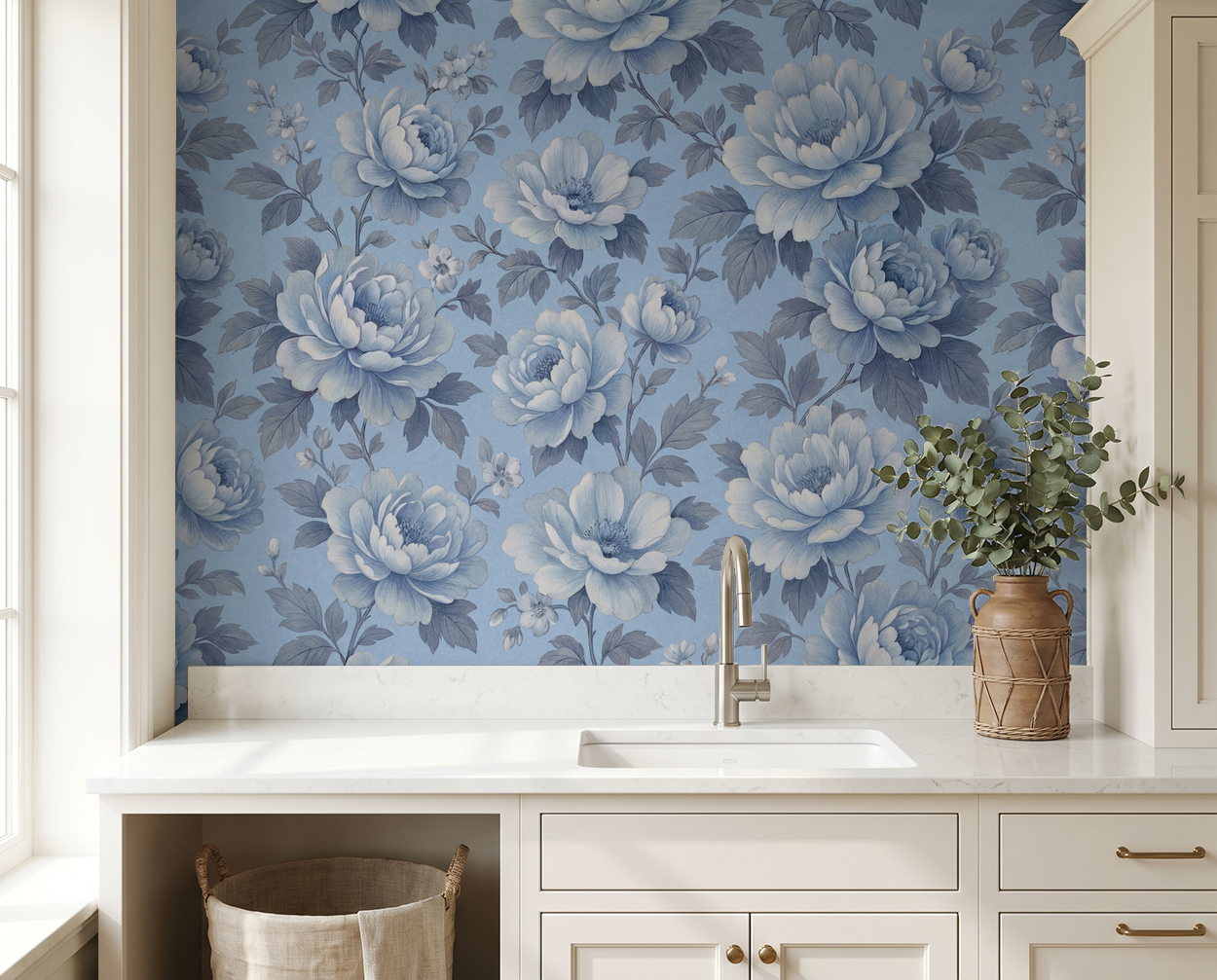 Elegant blue floral wallpaper in a kitchen with white cabinets and a vase.