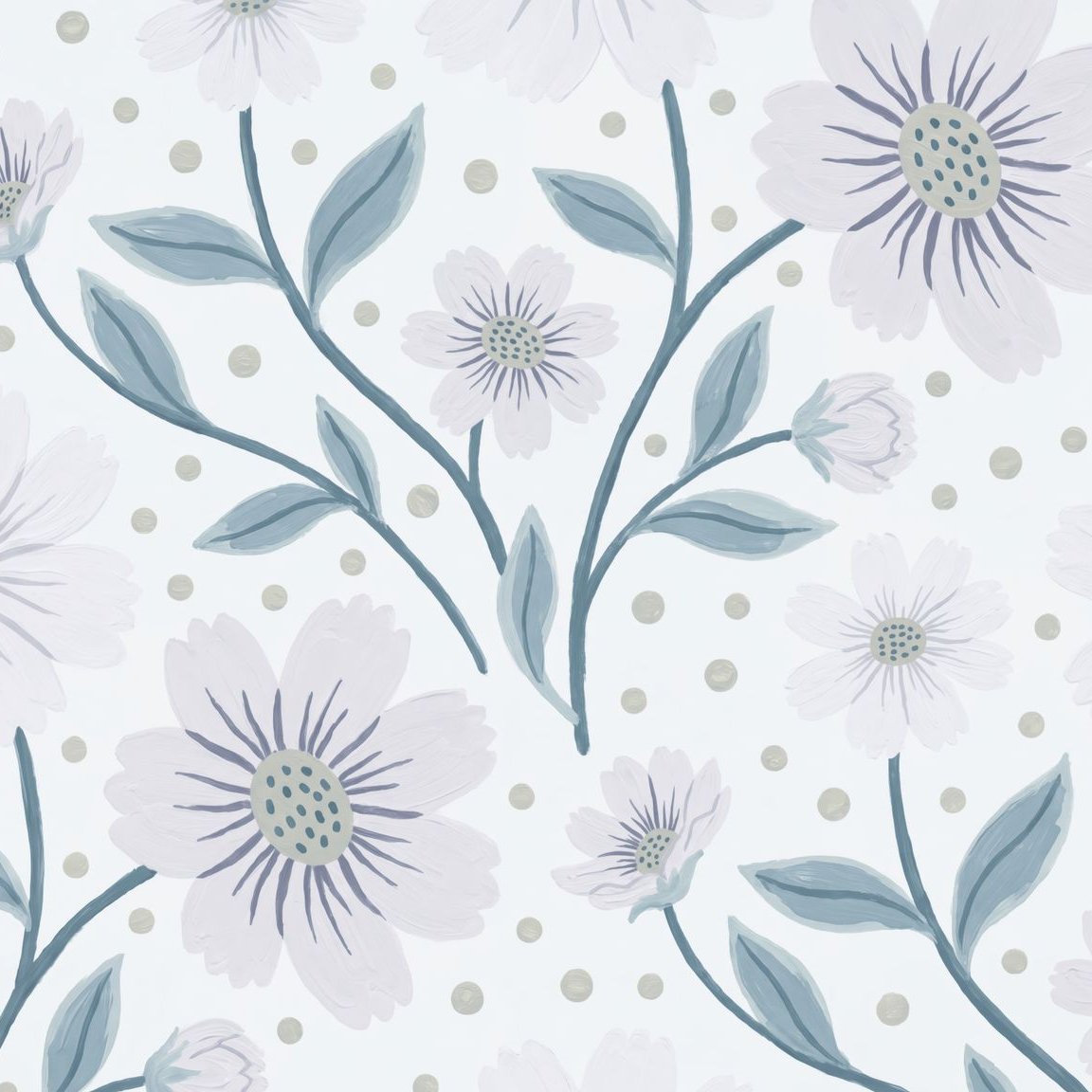 Blue floral wallpaper with lilac blooms and green leaves on white background.