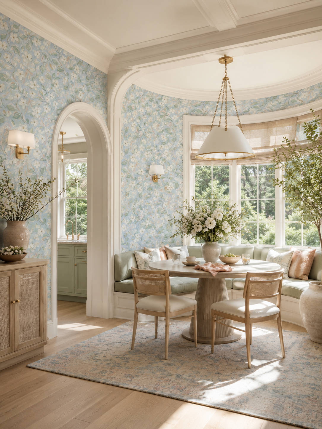 Serene dining room with blue floral wallpaper, vintage furniture, and soft lighting.