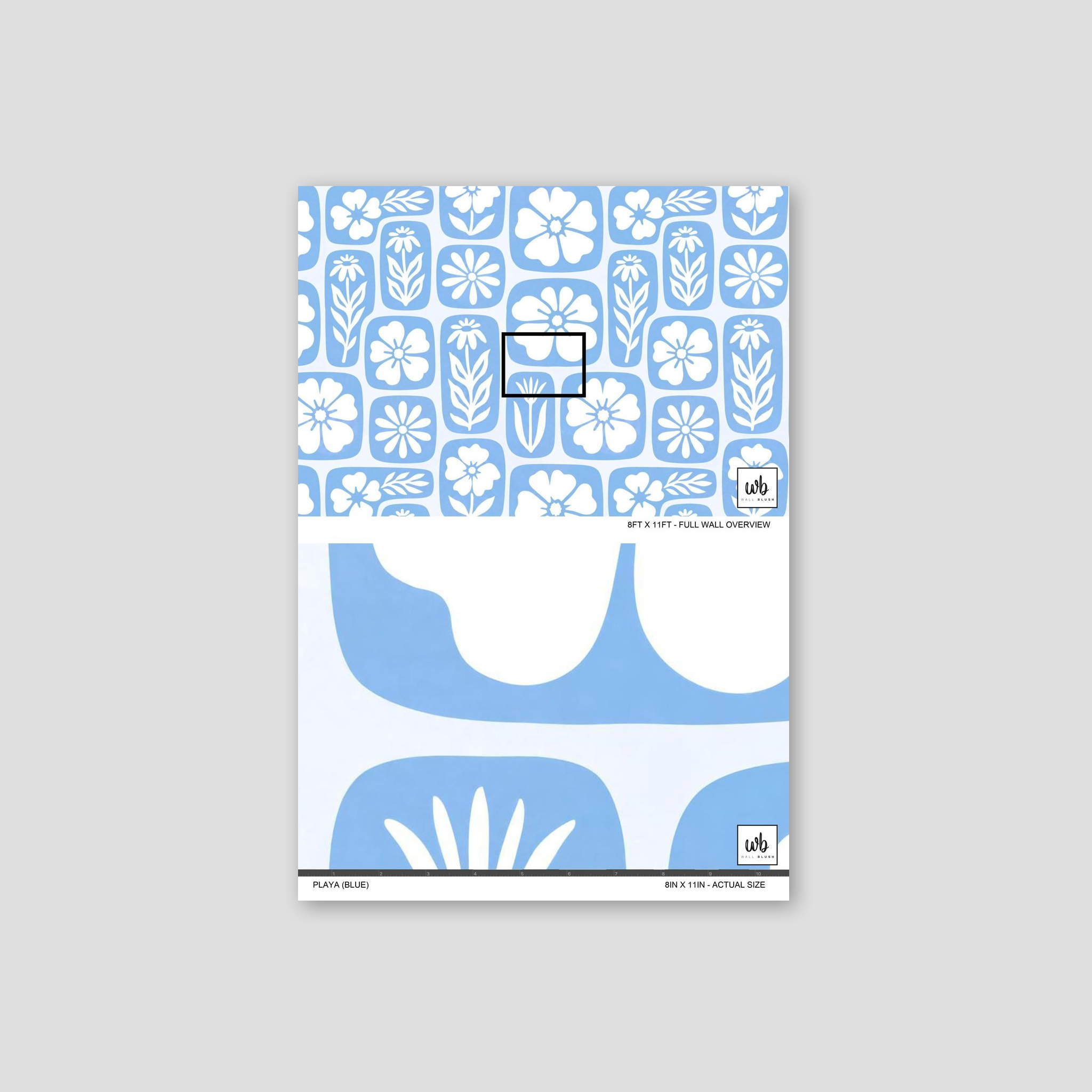 Blue floral wallpaper with white flower silhouettes on a soft blue background.
