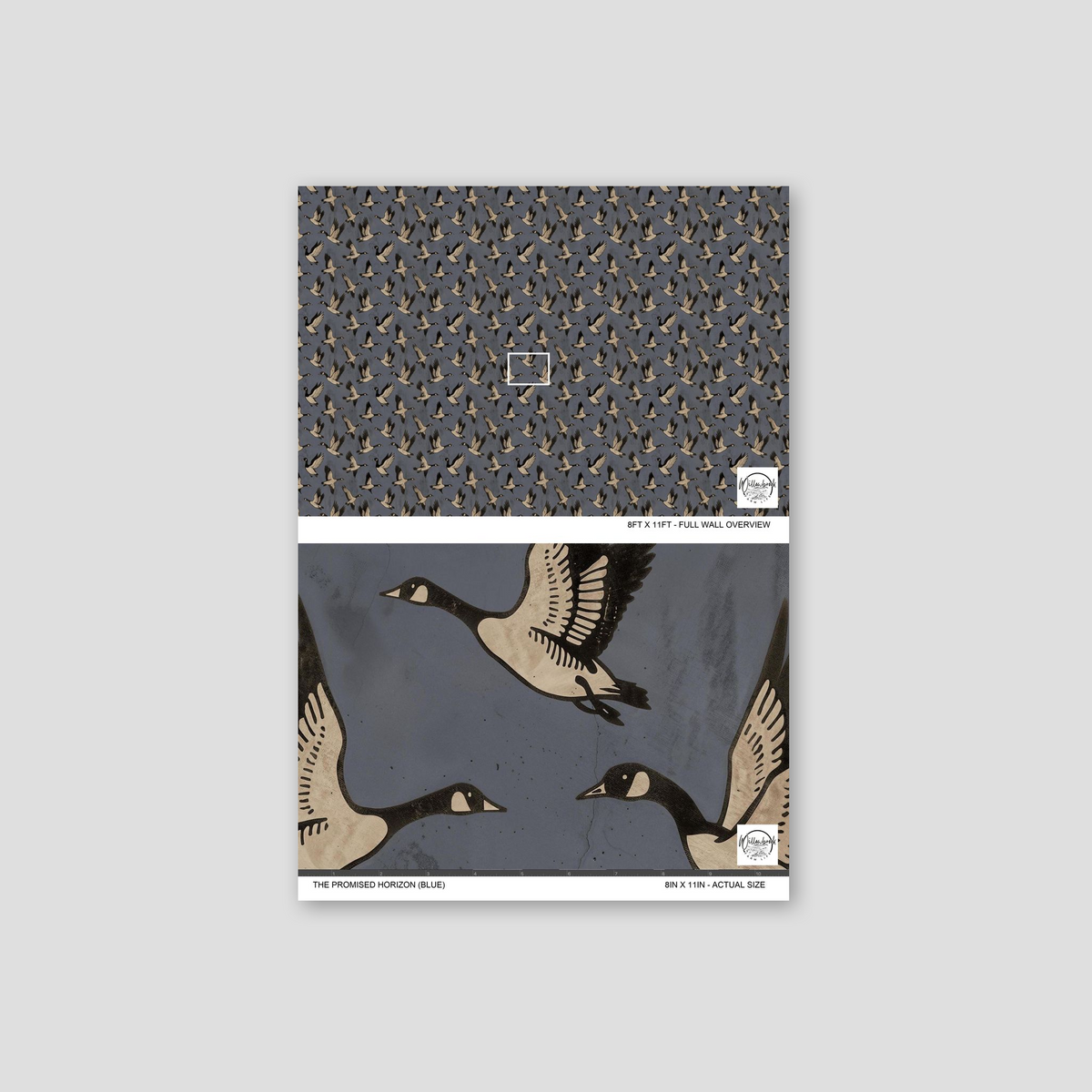Blue wallpaper with flying geese pattern in earthy tones