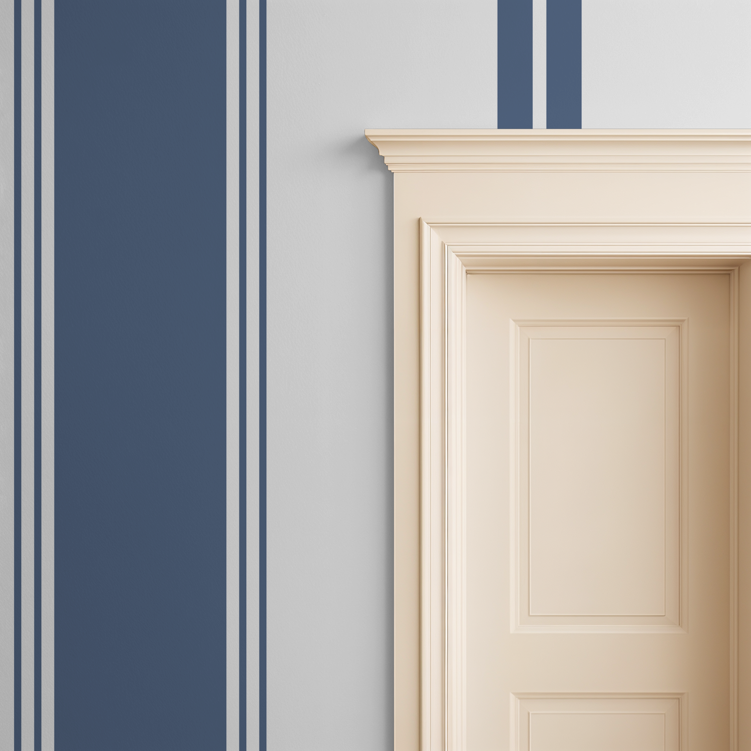 Blue geometric stripe wallpaper in modern room with beige doorframe.