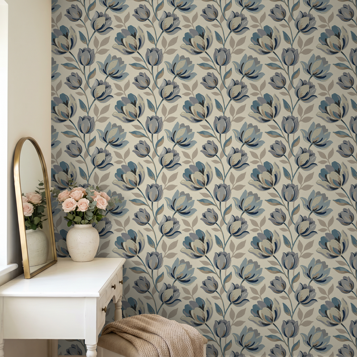 Floral wallpaper with blue and gray tulip pattern in elegant room setting.
