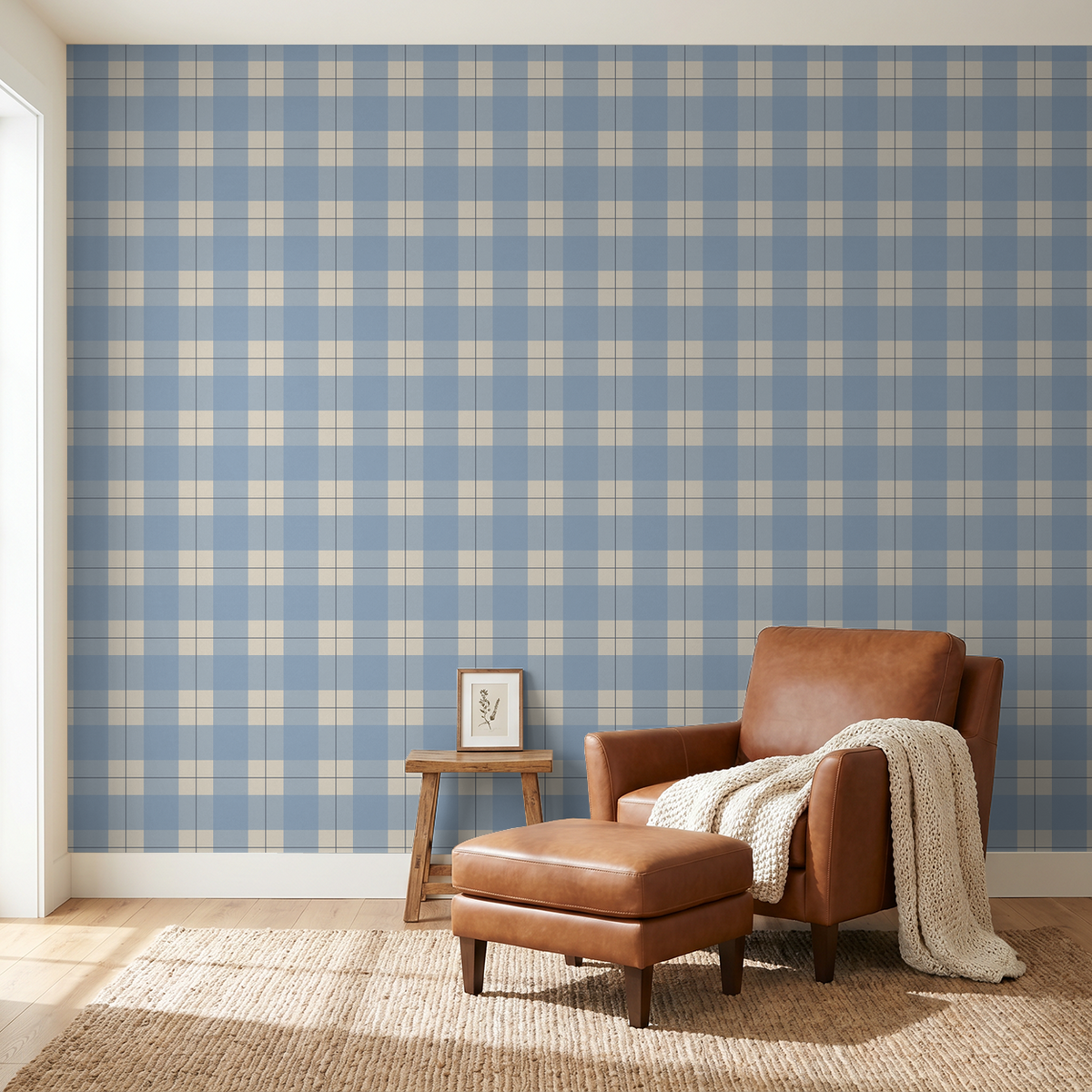 Blue and ivory plaid wallpaper in a cozy living room with leather chair.