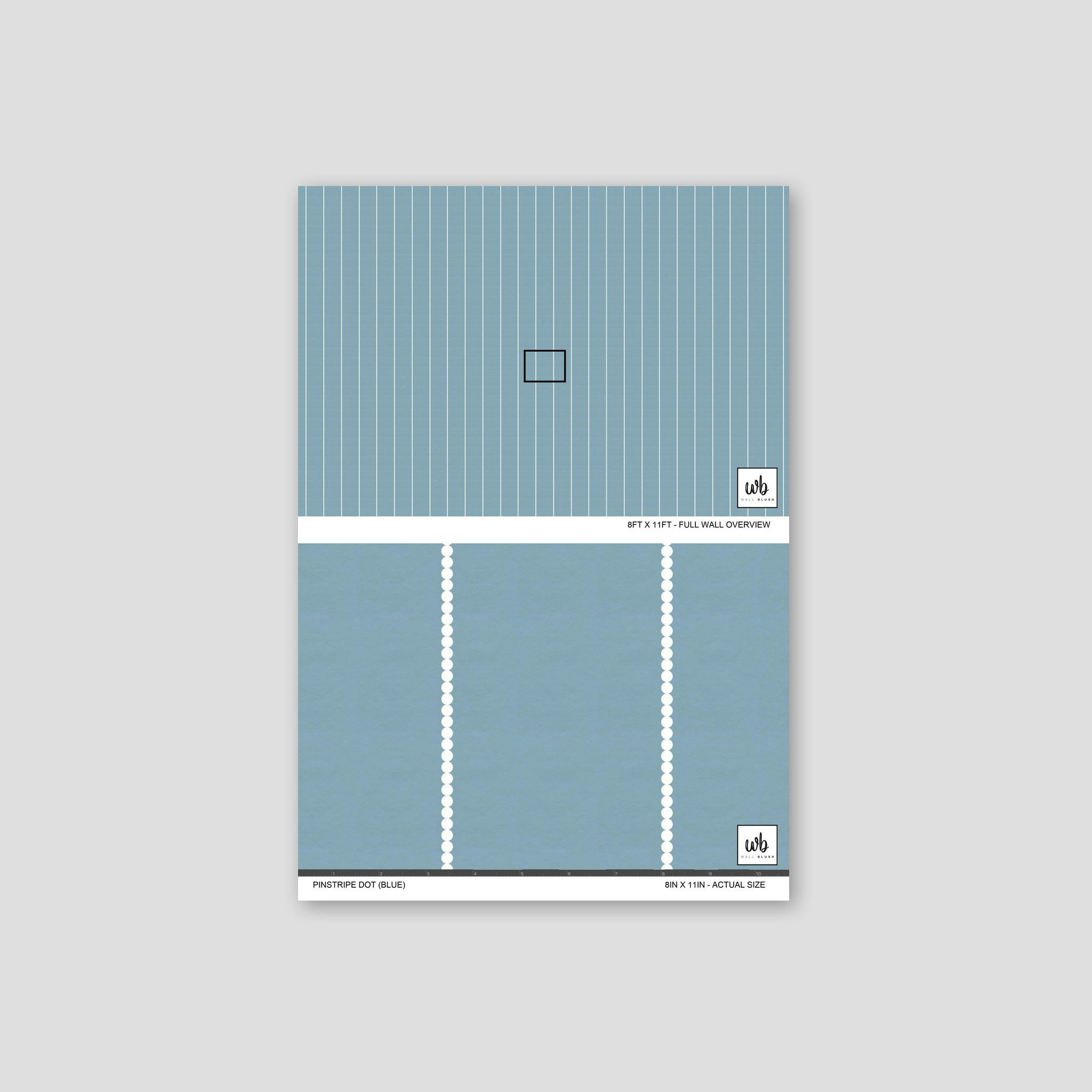 Blue pinstripe dot wallpaper sample with white dots and lines.