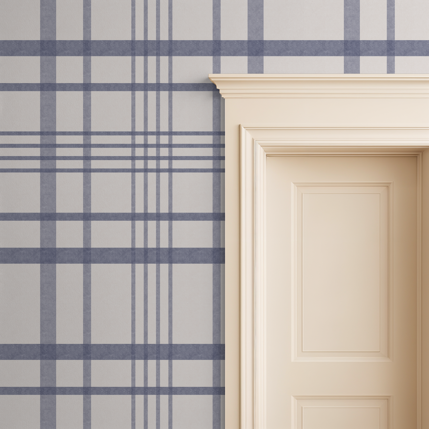 Blue plaid wallpaper with neutral background beside cream door frame