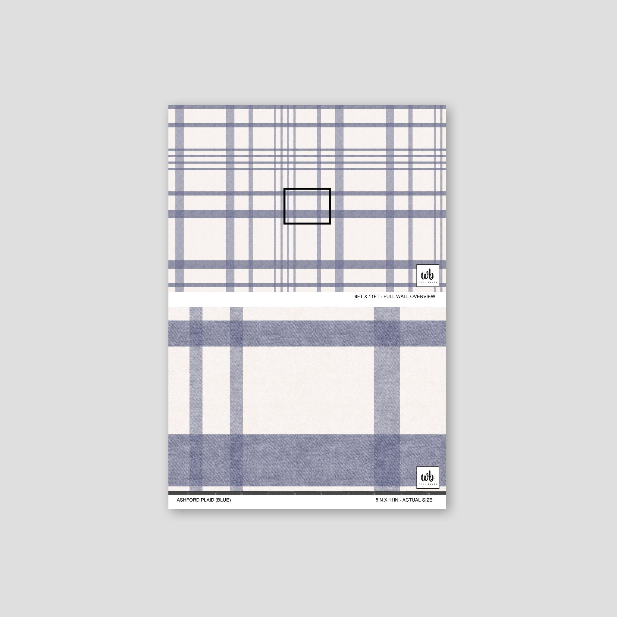 Blue plaid wallpaper sample with neutral background, Ashford Plaid design.