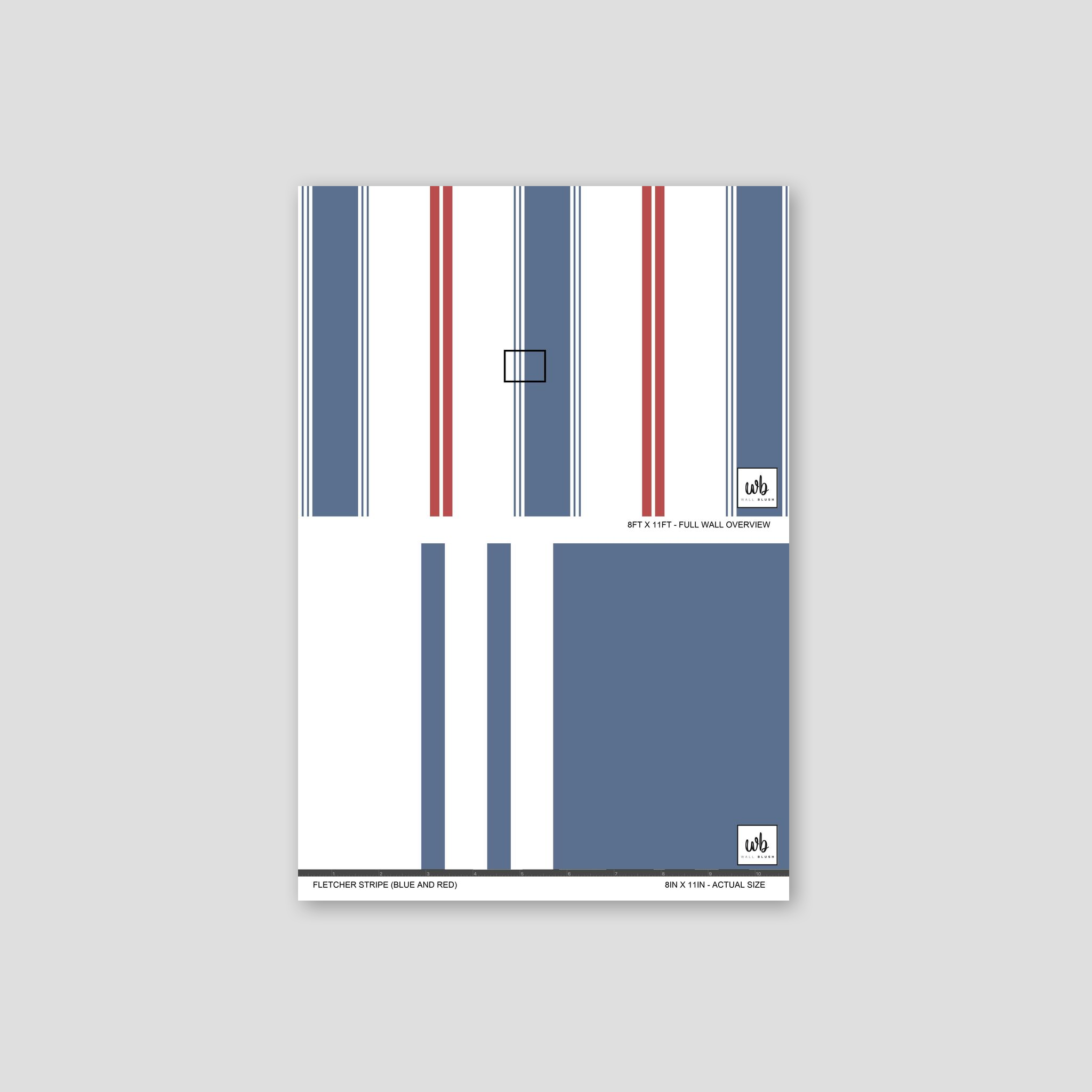 Blue and red geometric striped wallpaper pattern sample.