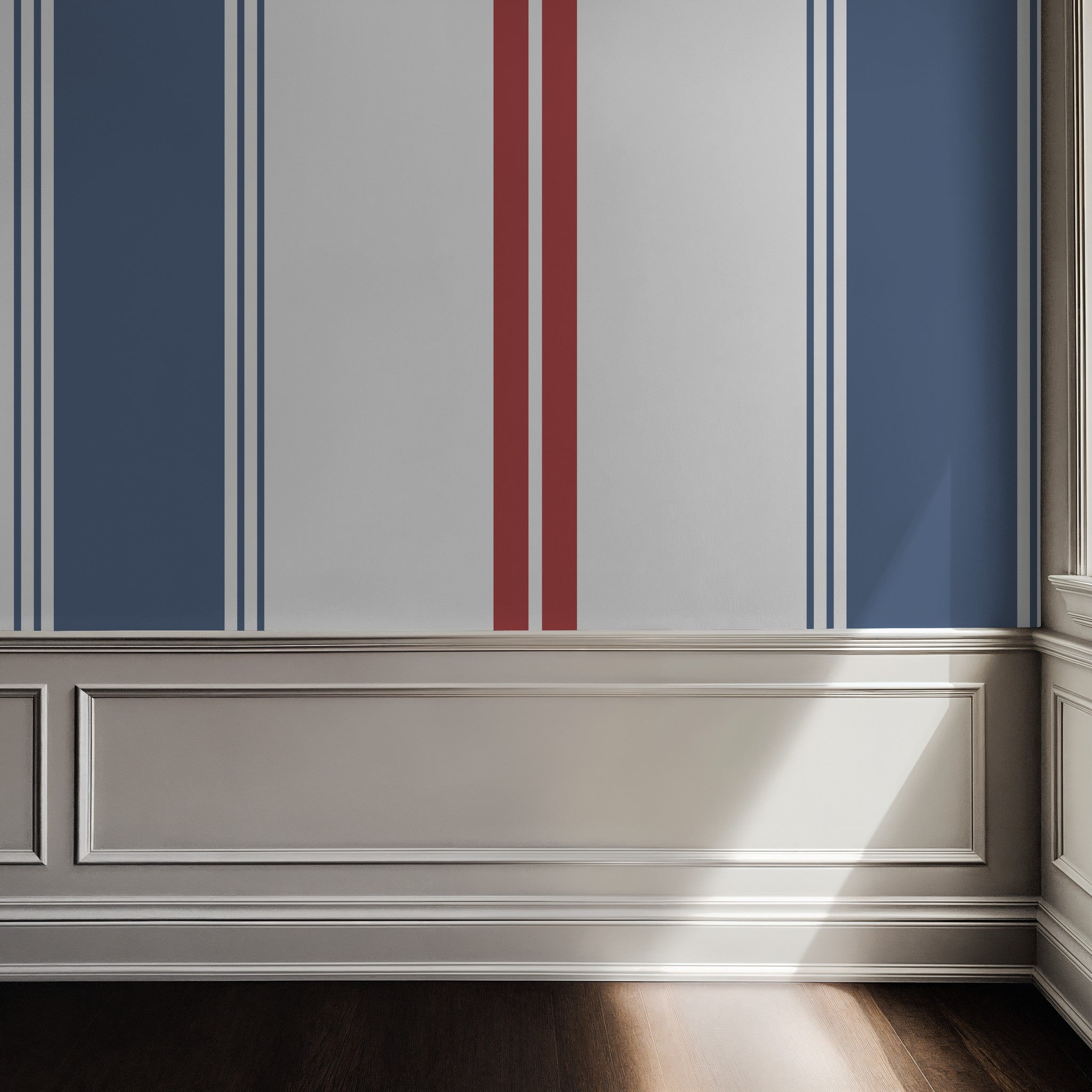 Blue and red striped wallpaper in elegant room with wainscoting
