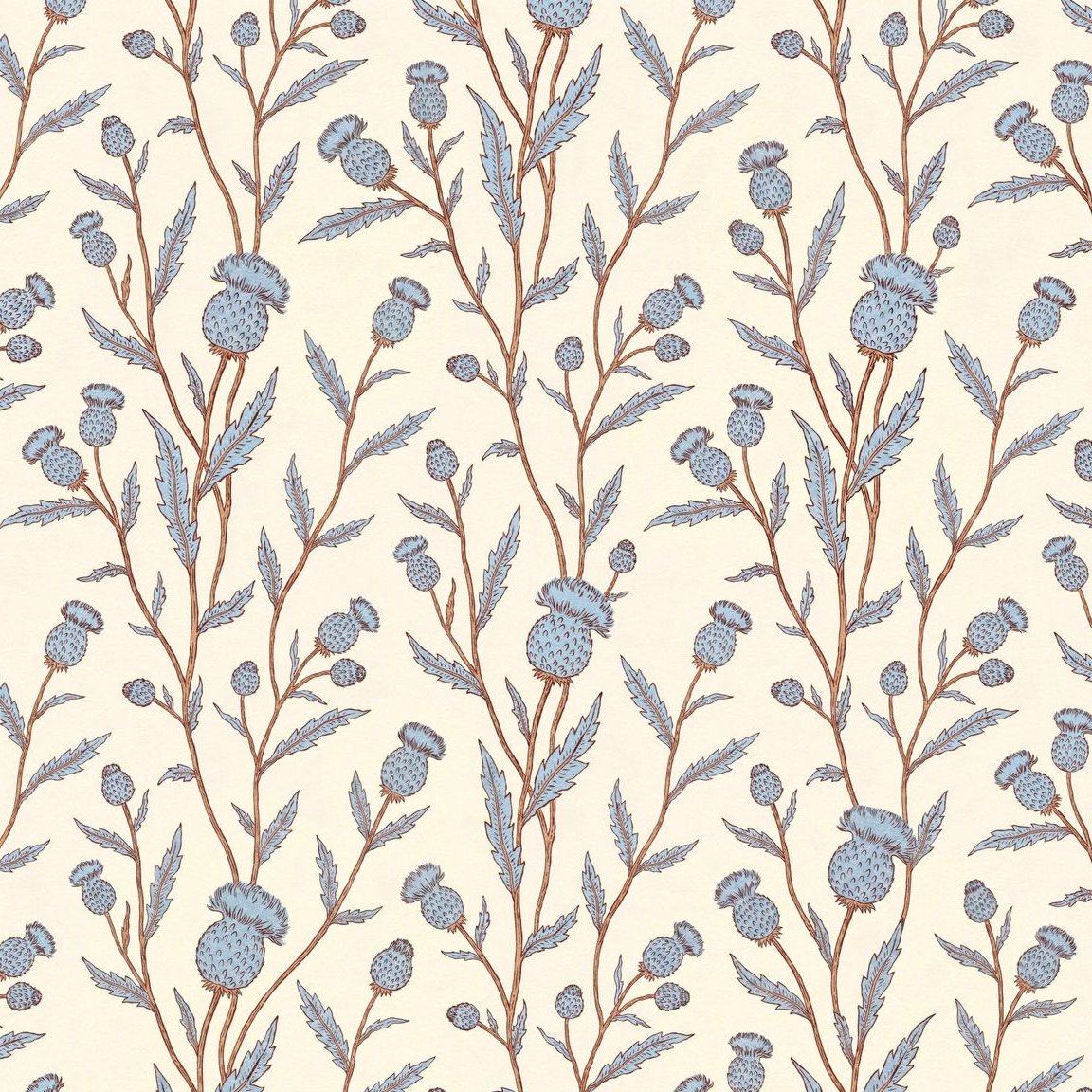 Blue and brown thistle floral wallpaper pattern on cream background.