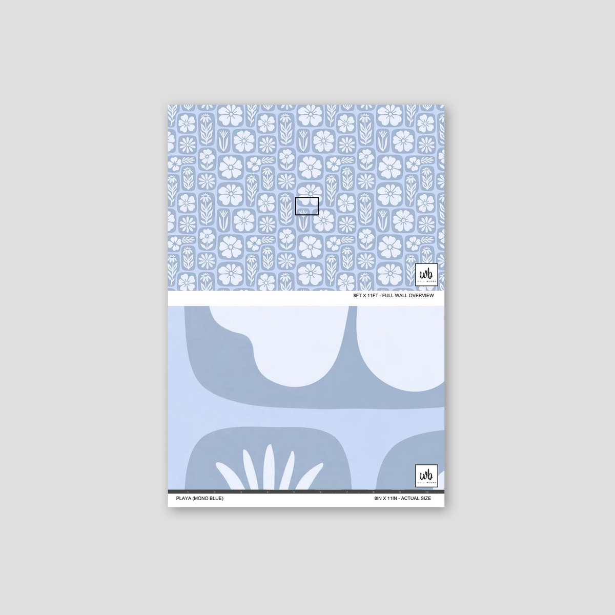 Blue and white floral wallpaper sample with geometric botanical patterns.