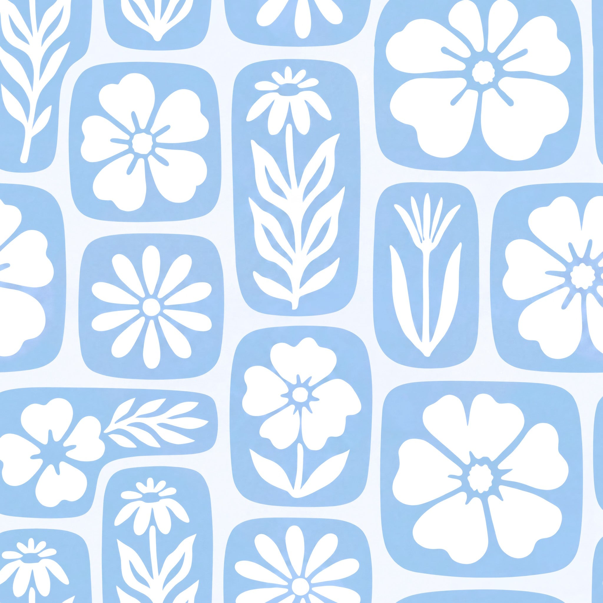 Blue and white floral wallpaper with abstract flower silhouettes in a retro style.