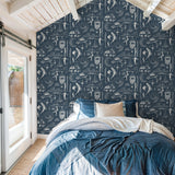 "Coastal themed Saltwater Surf (Blue) Wallpaper by Wall Blush in a modern bedroom, enhancing calm vibes."