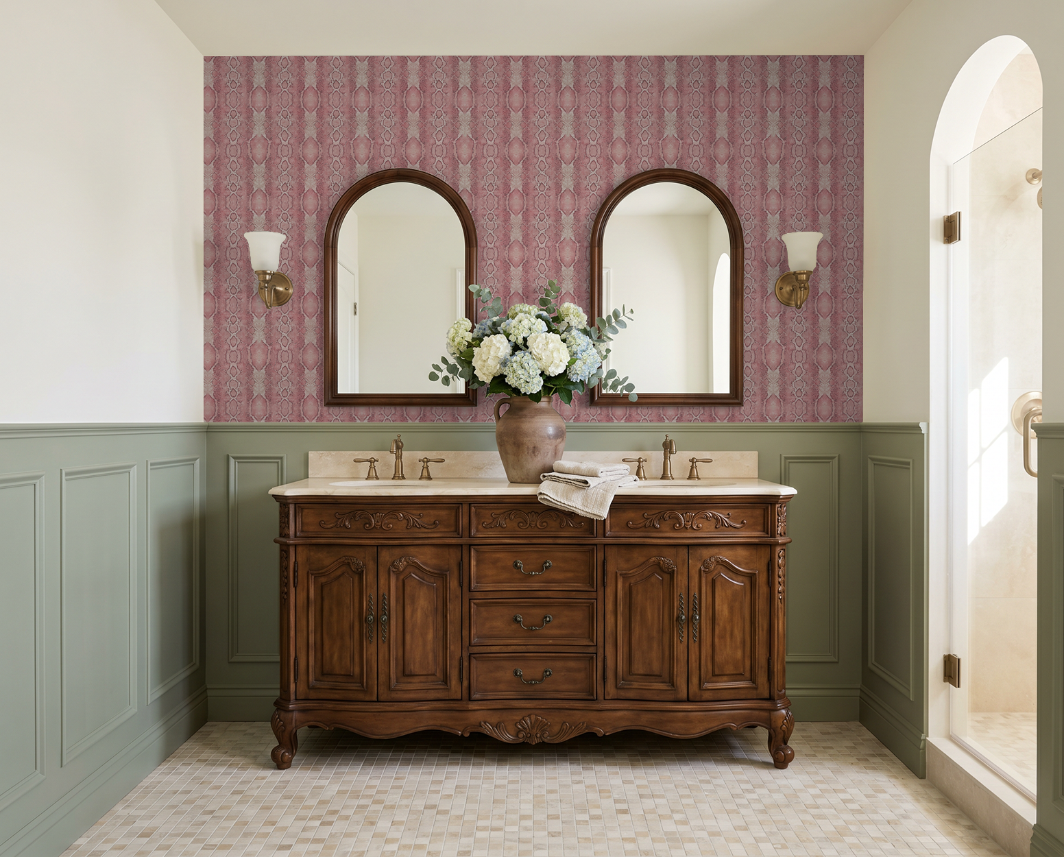Blush Burmese wallpaper with serpentine pattern in elegant bathroom setting.