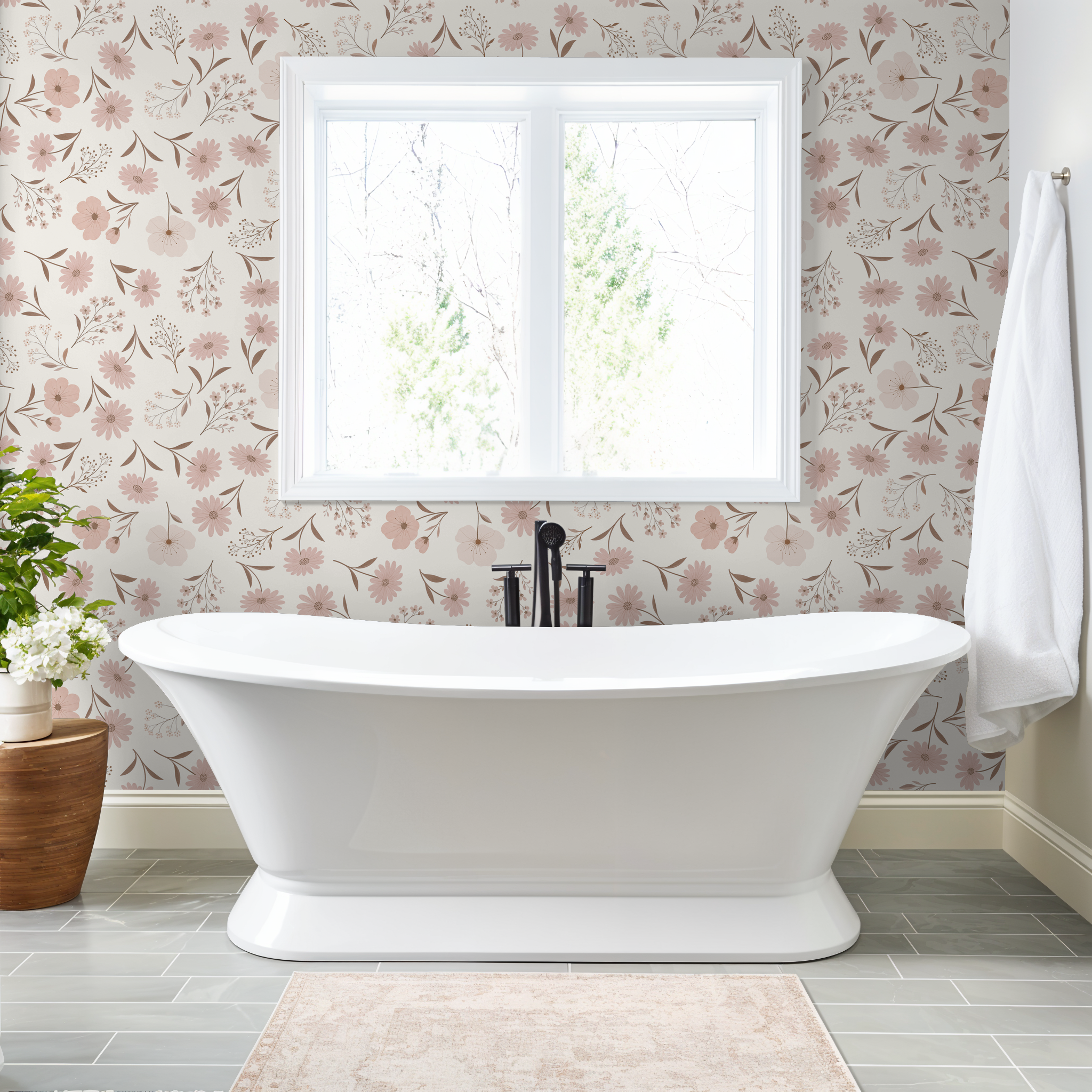 Blush floral wallpaper in elegant bathroom with white tub and window view.