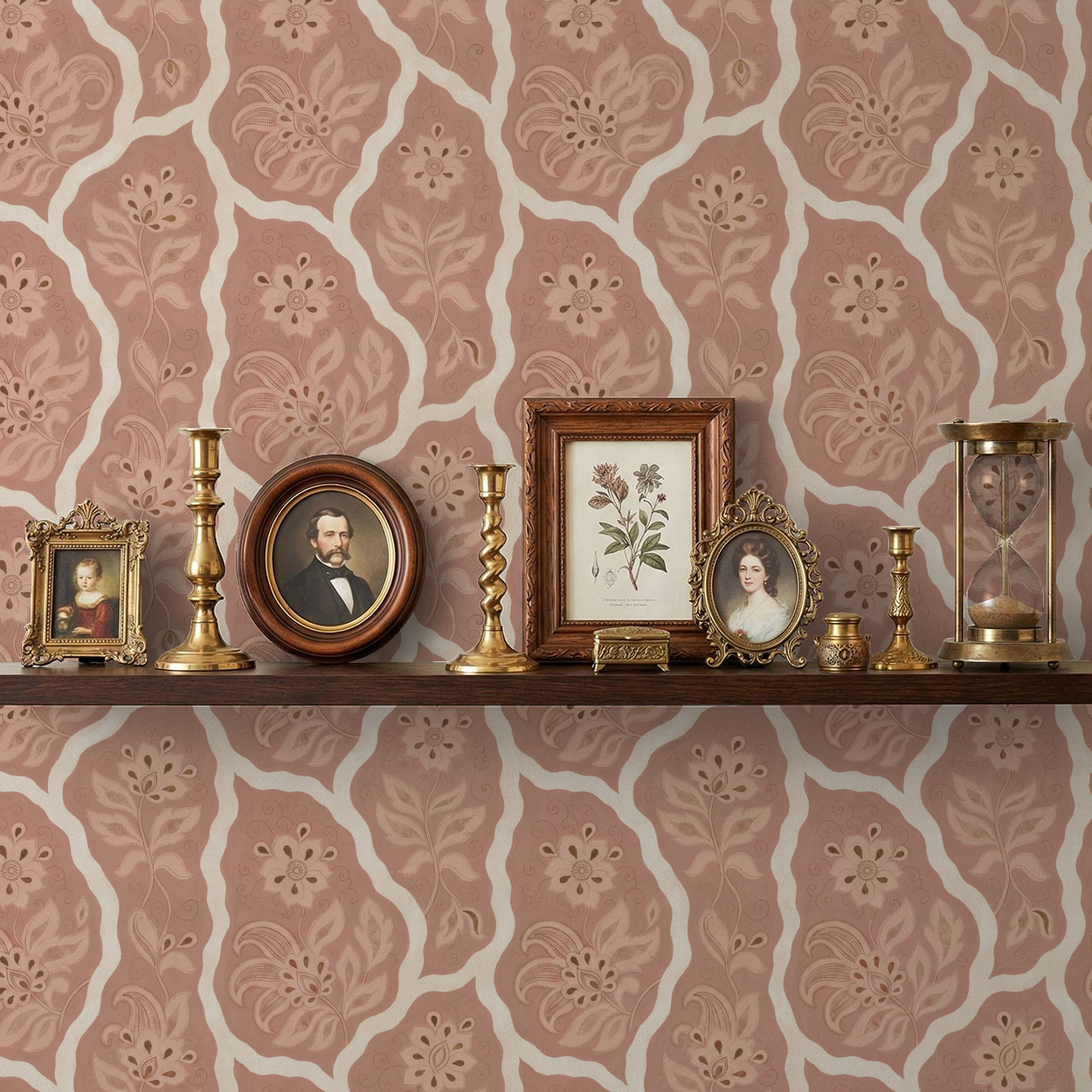 Blush floral wallpaper with vintage decor on shelf
