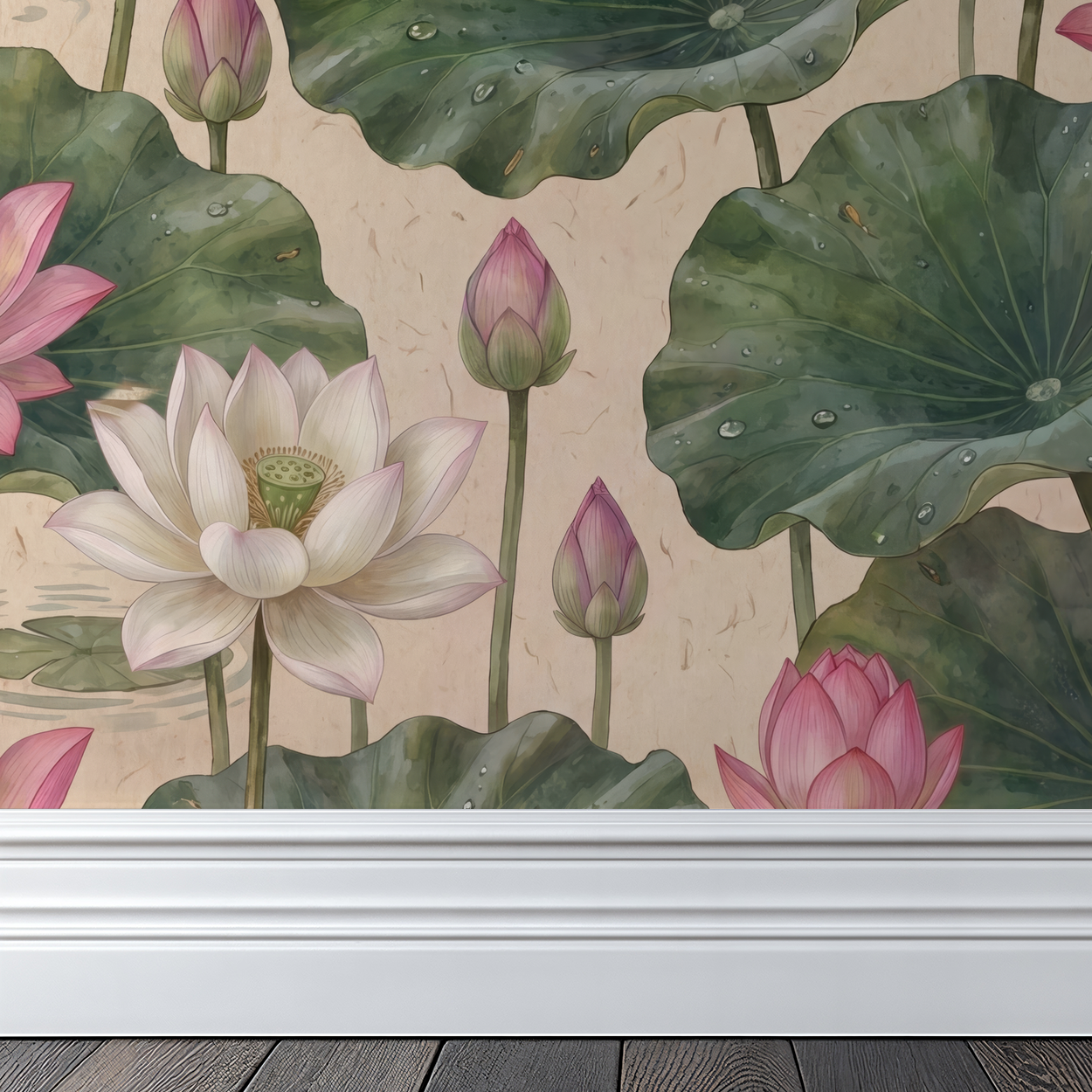 Floral wallpaper with blush lotus flowers and green leaves on beige background.