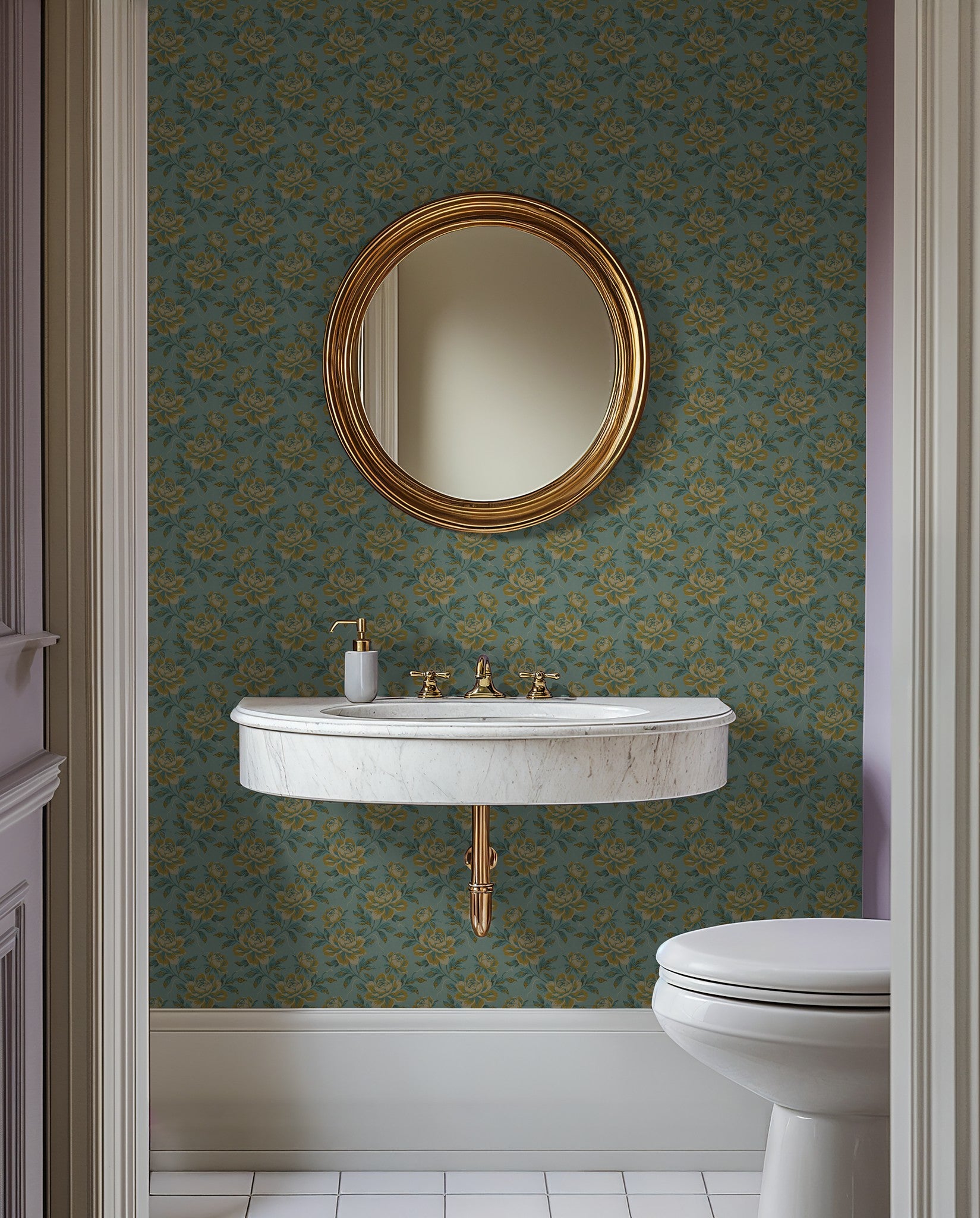 Bold floral wallpaper in teal and ochre with gold mirror in bathroom.