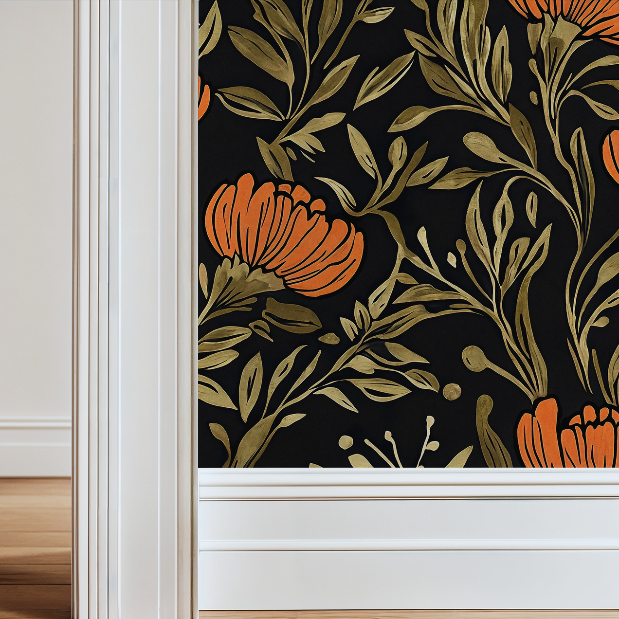 Bold orange floral wallpaper with black background in modern room setting.