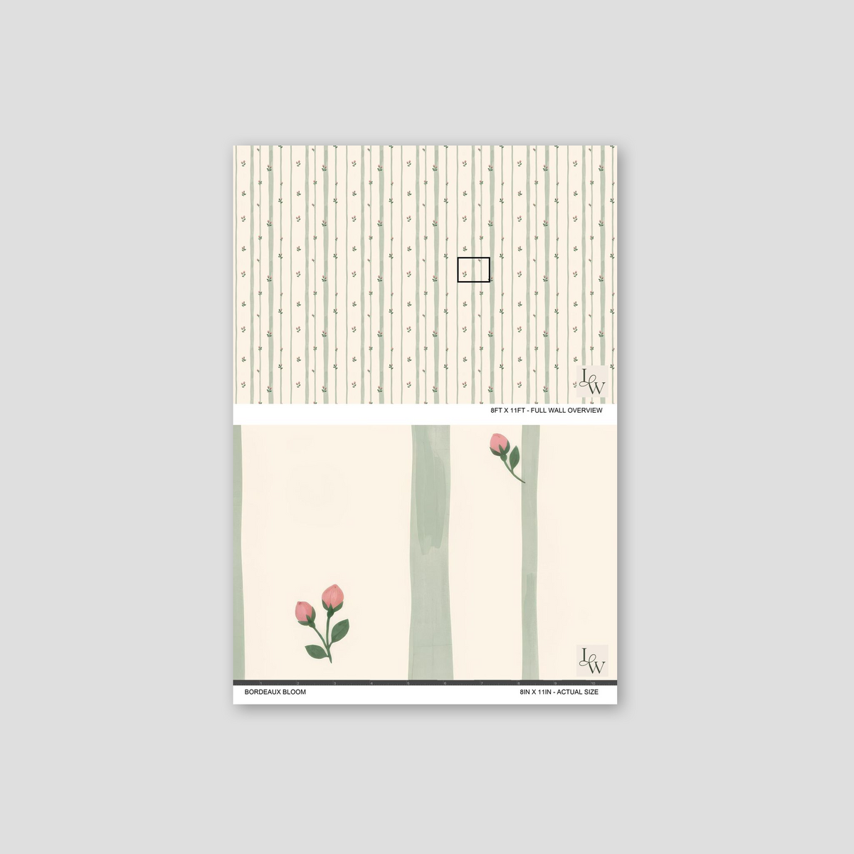 Bordeaux Bloom wallpaper with sage green stripes and pink buds sample.