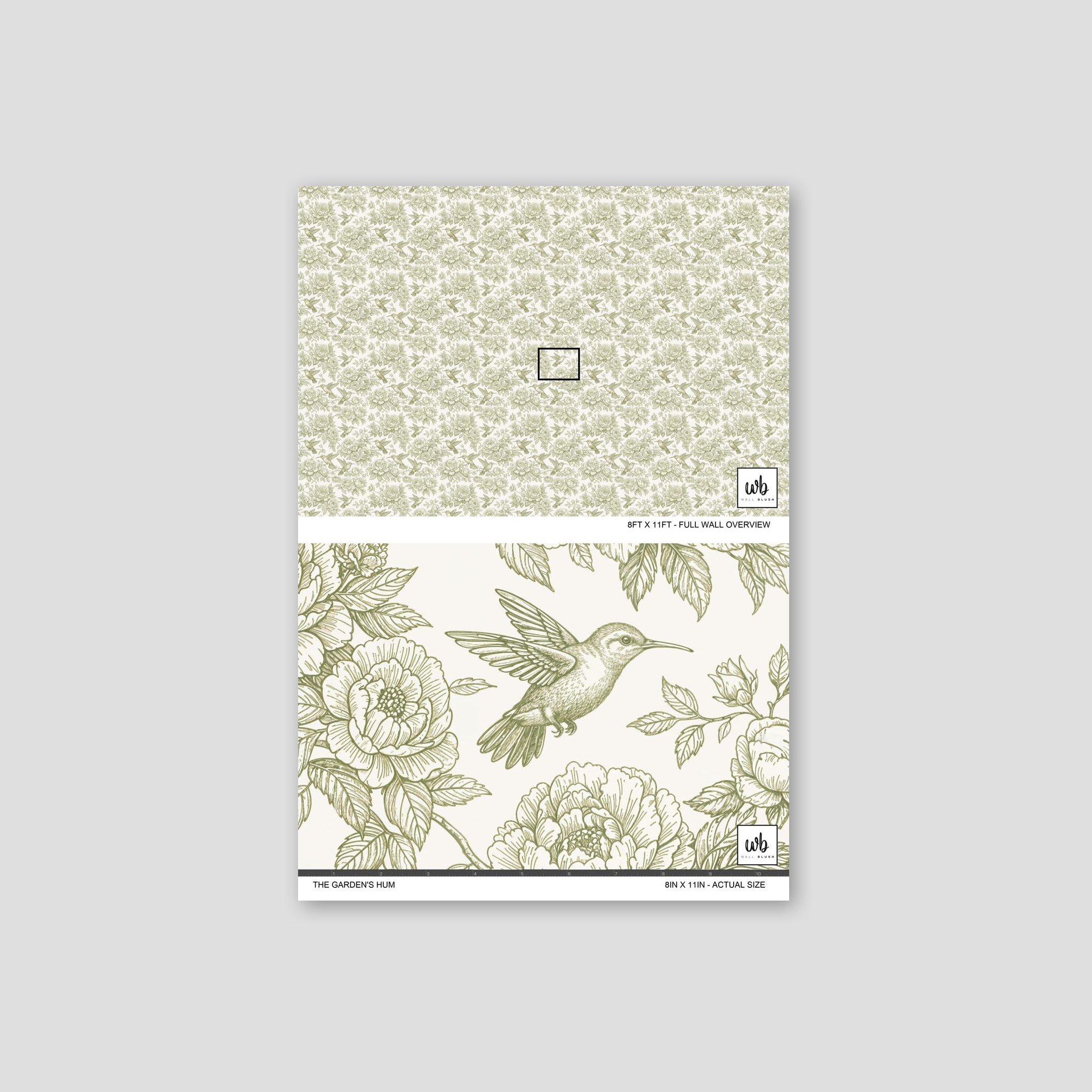 Botanical wallpaper with hummingbirds and peonies in muted green tones.