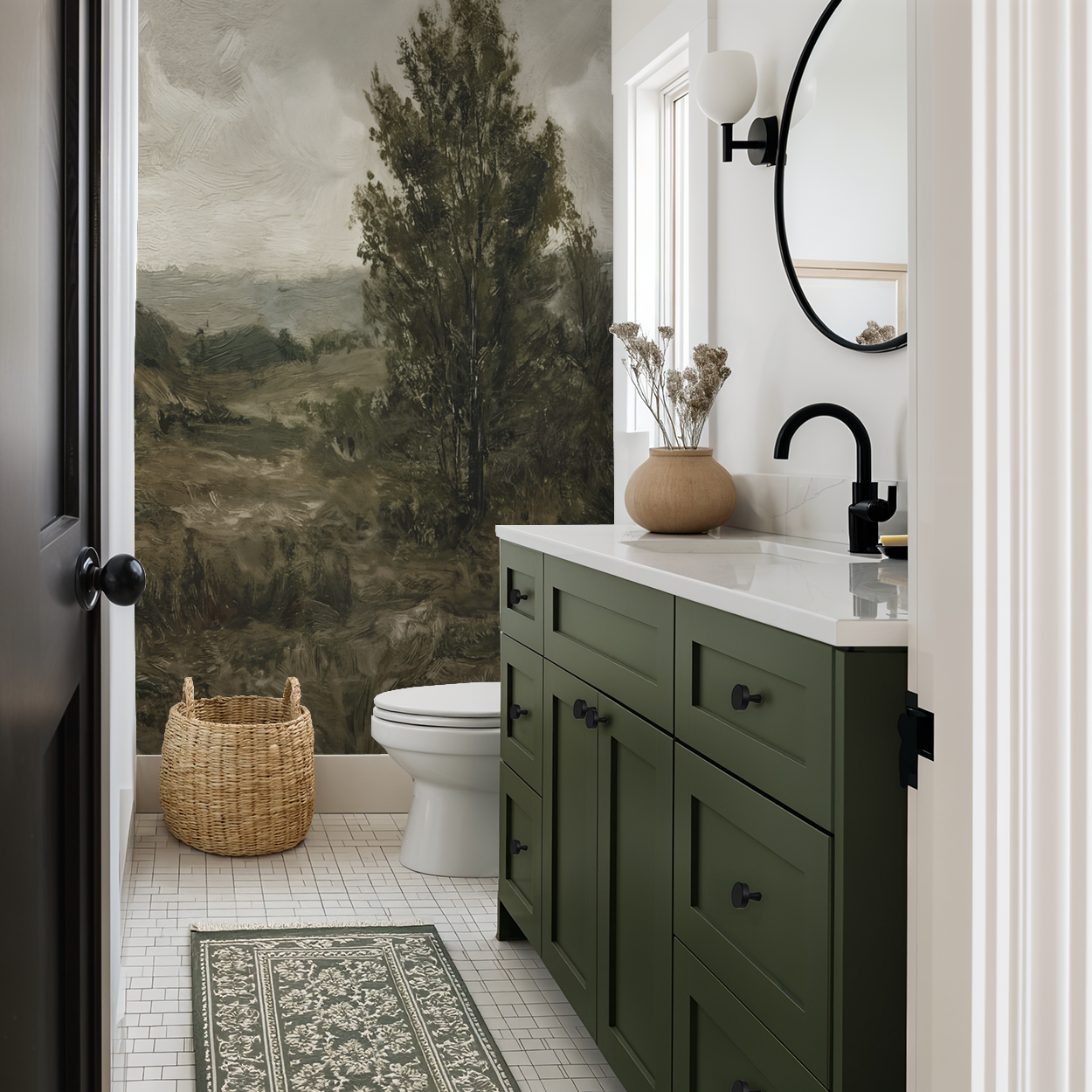 Briar Hollow wallpaper with earthy landscape in a rustic bathroom setting.
