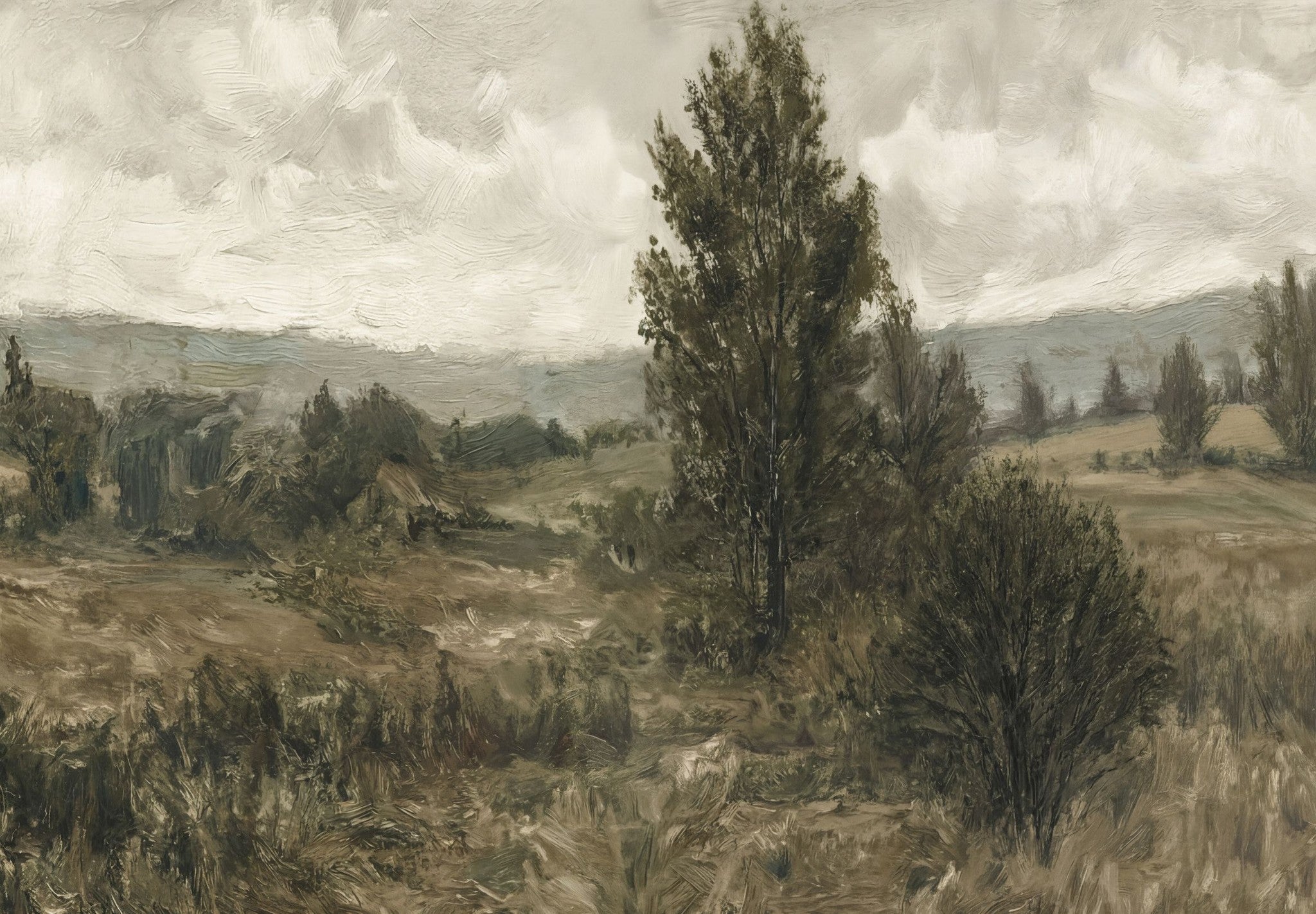 Briar Hollow wallpaper with earthy landscape of trees and fields in muted browns and greens.