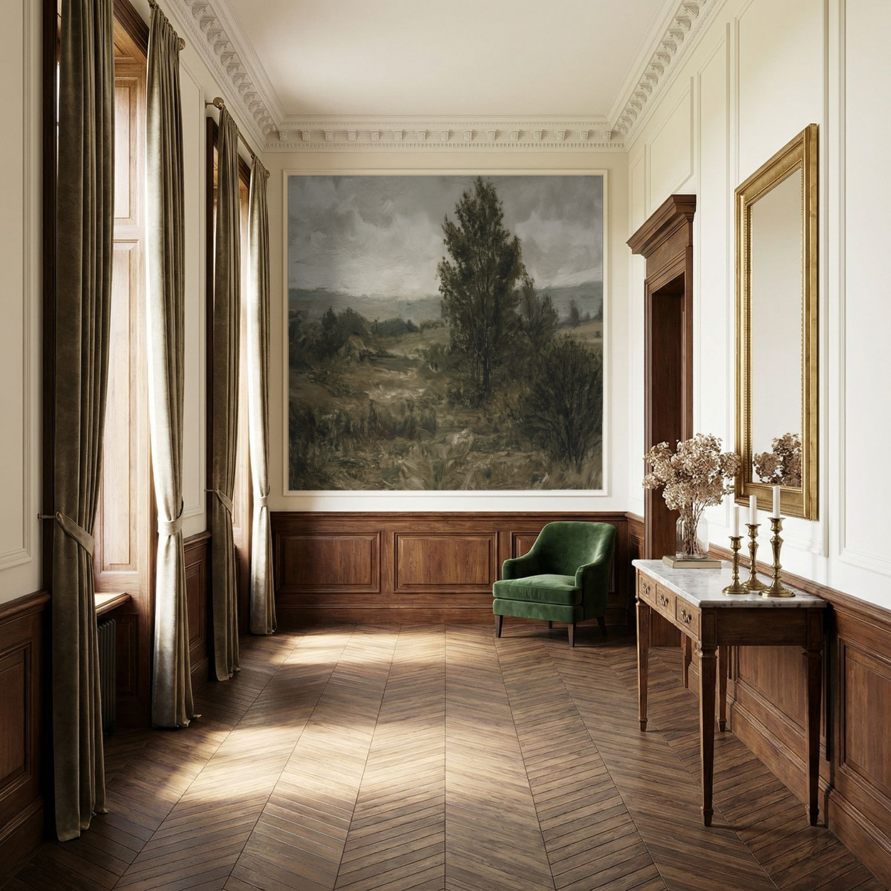 Briar Hollow landscape wallpaper in elegant room with green chair and wood accents